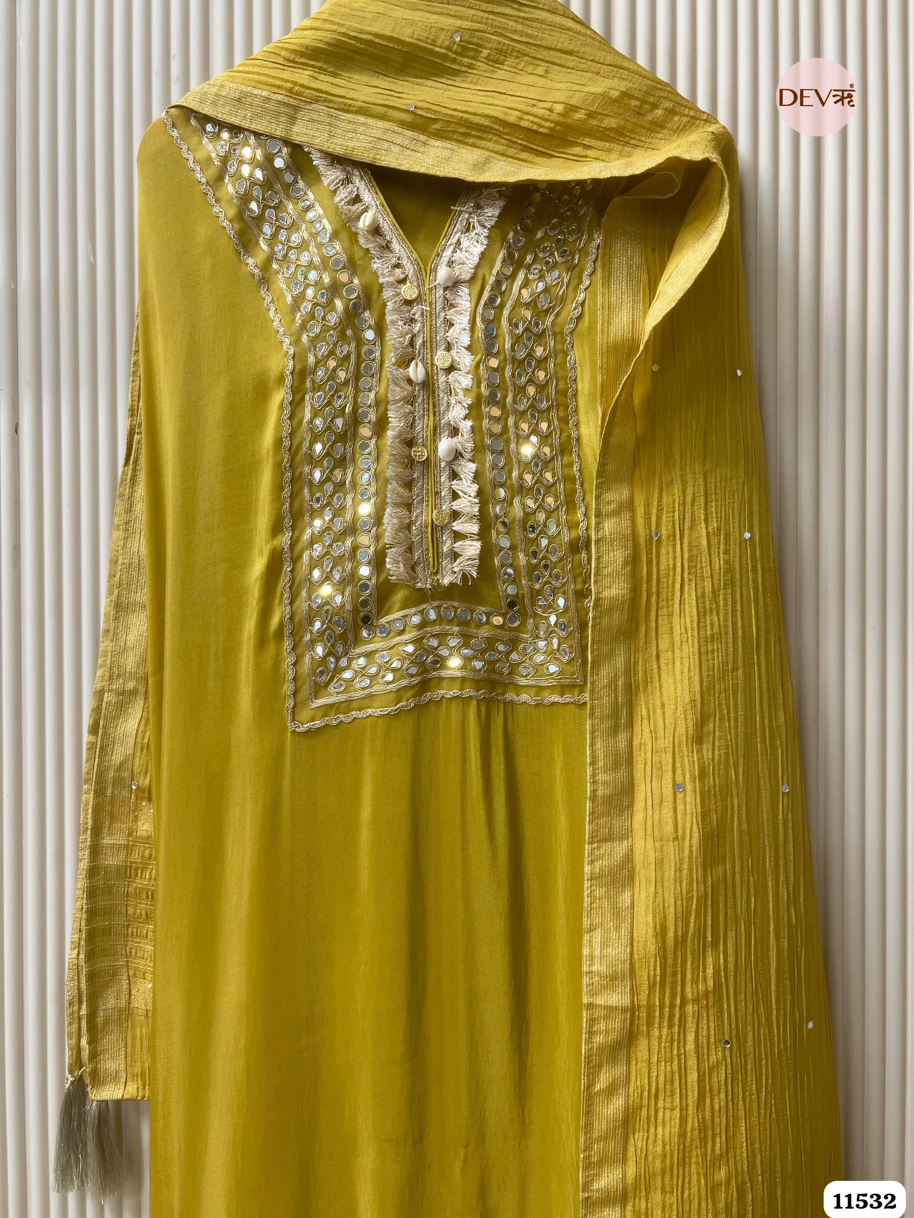 Yellow Pure Tissue Silk Unstitched Hand Embroidered -Set Of 3 {11532}