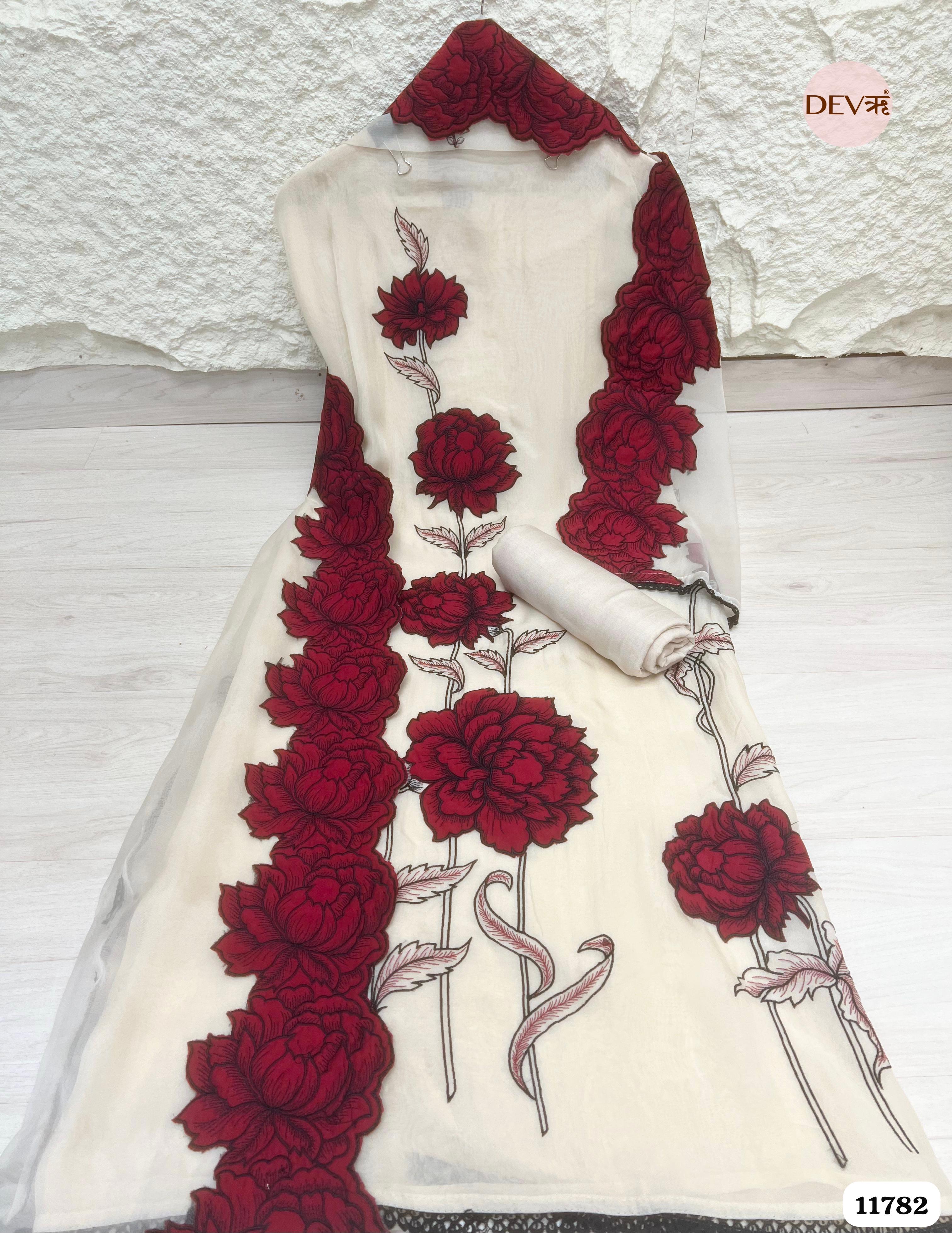 OF White Organza Unstitched Embroidered -Set Of 3 {11782}