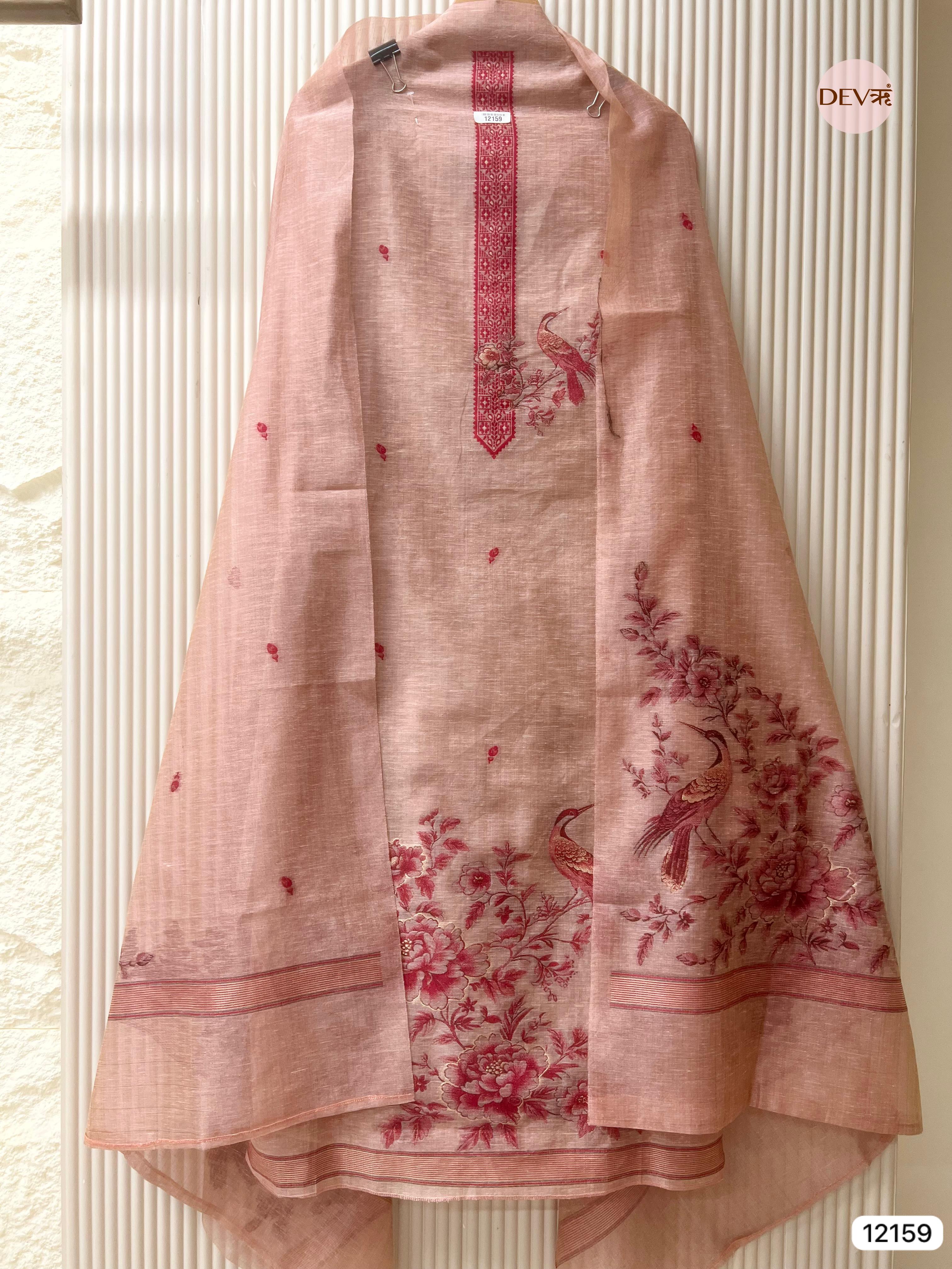{12159} Peach Pure Jamdani Linen Unstitched - Set Of 3