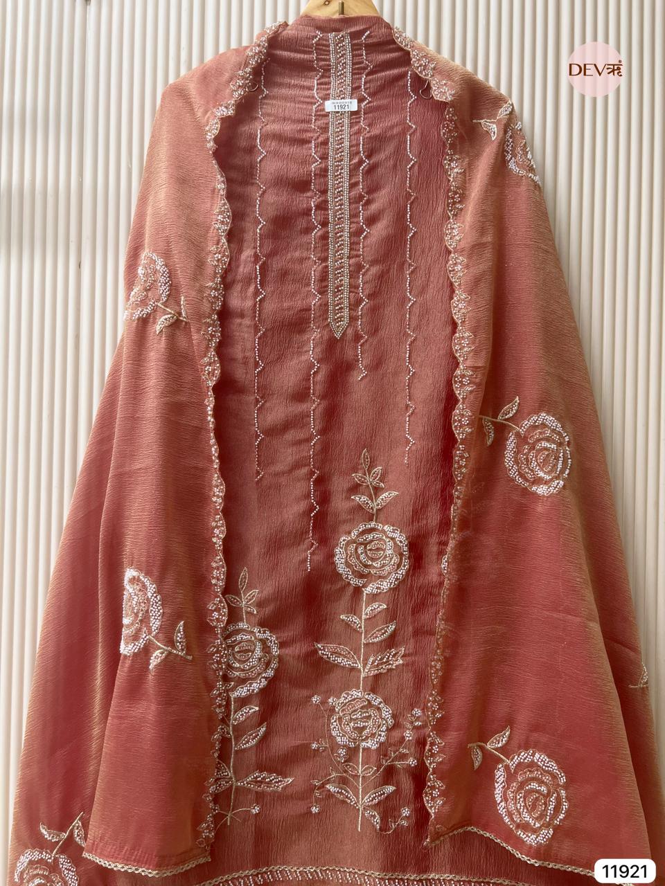 Rust Pure Tissue Crush Unstitched Hand Embroidered -Set Of 3 - {11921}