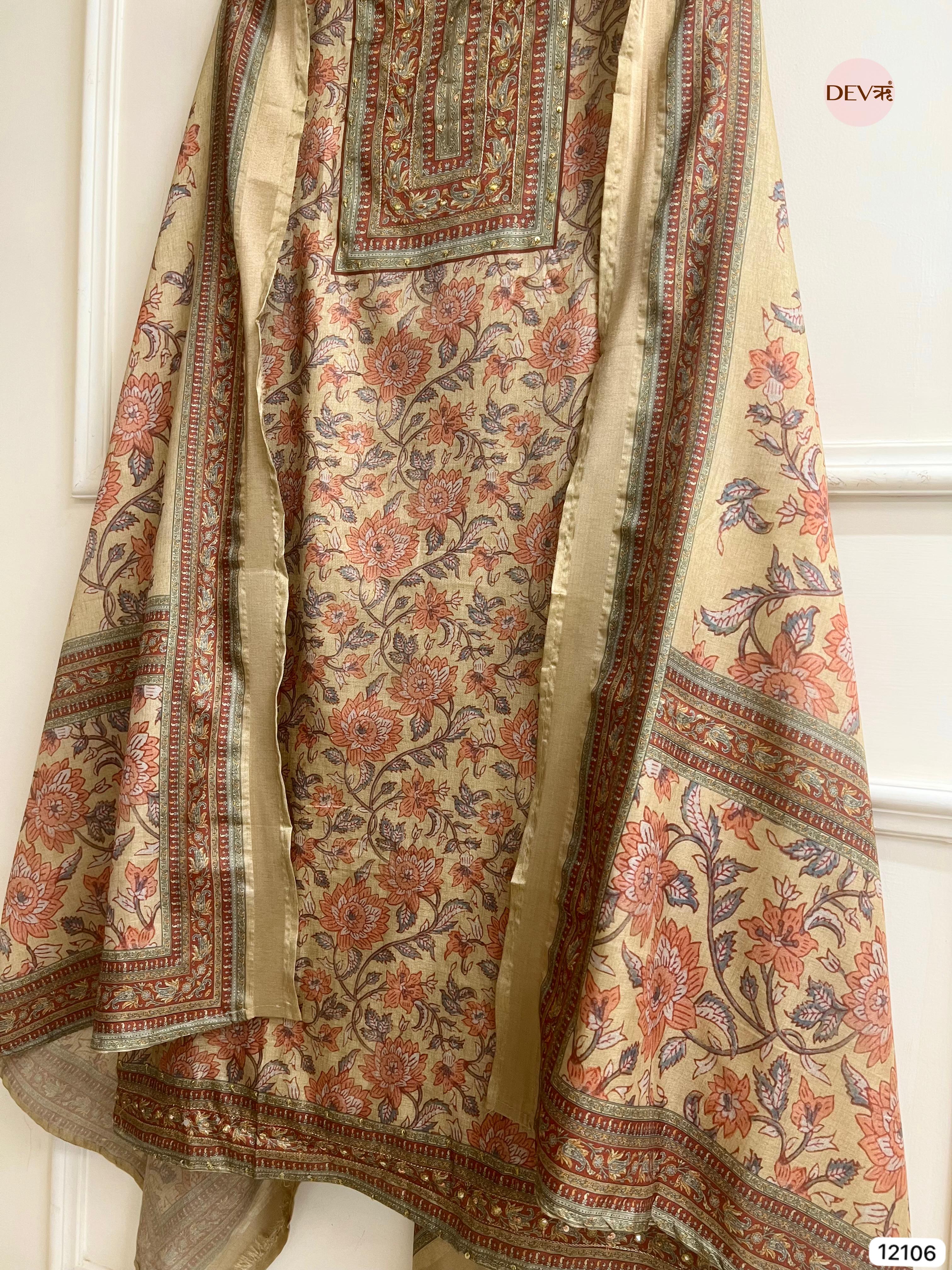 Multi Colour Tisser Khadi Silk Printed Unstitched Hand Embroidered -Set Of 3 - {12106}