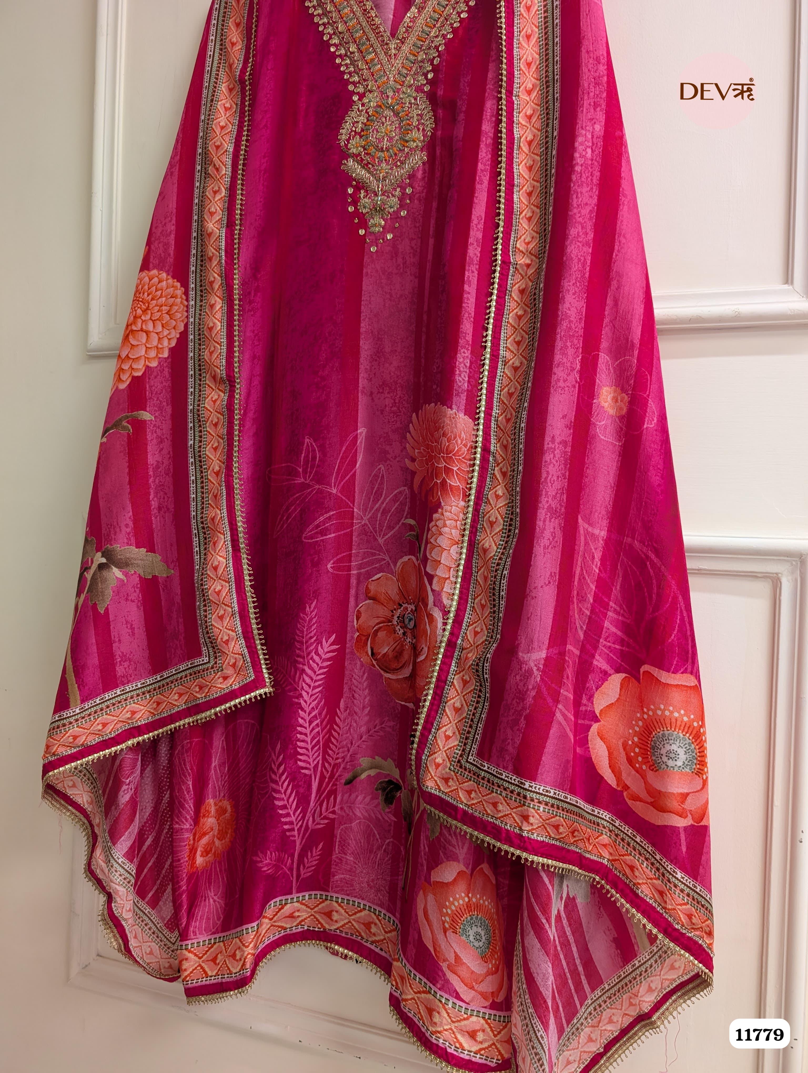 Rose Pink Russian Silk Printed Unstitched Hand Embroidered -Set Of 3 {11779}