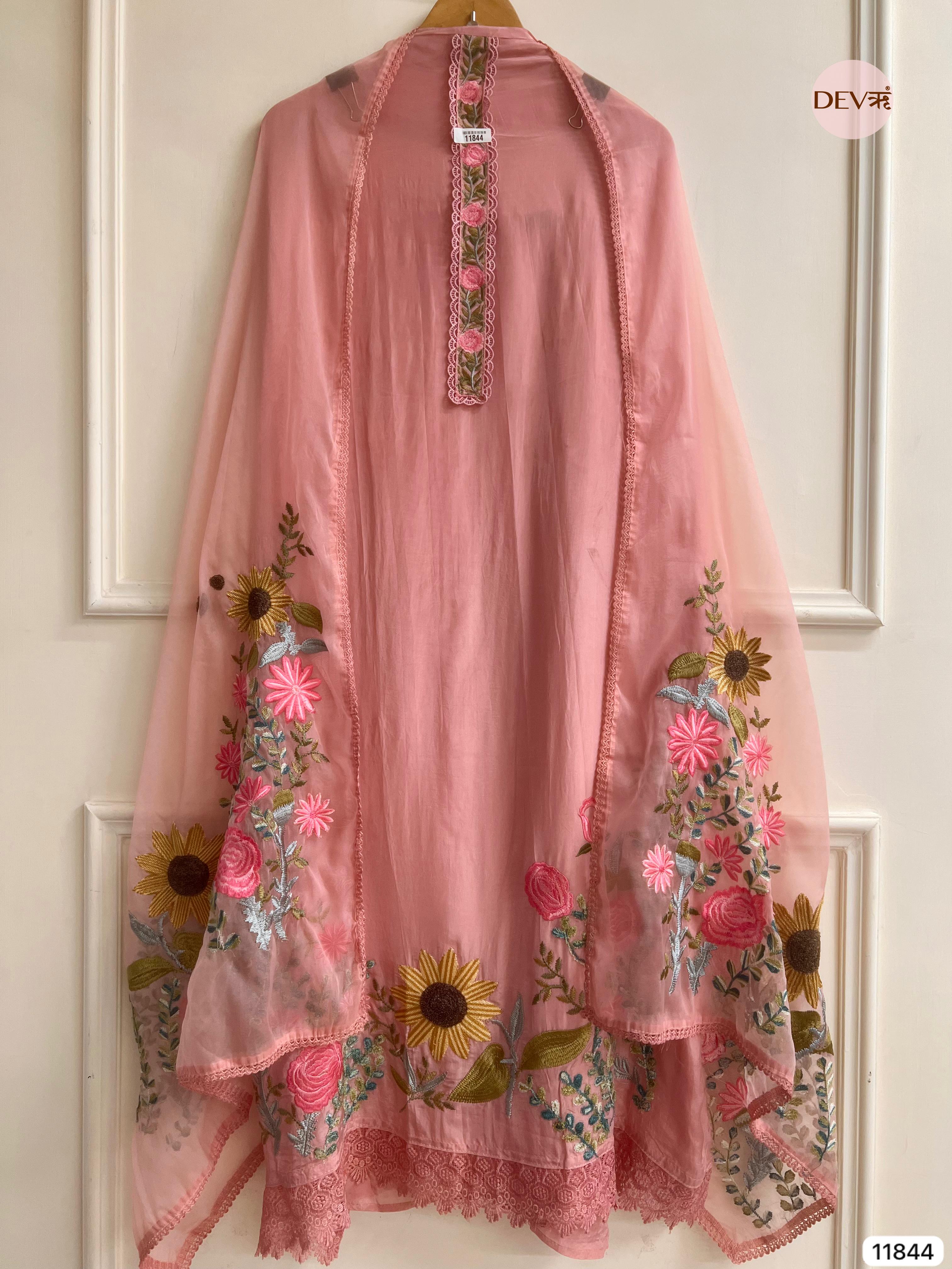 Pink Organza Silk Unstitched Embroidered -Set Of 3 - {11844}