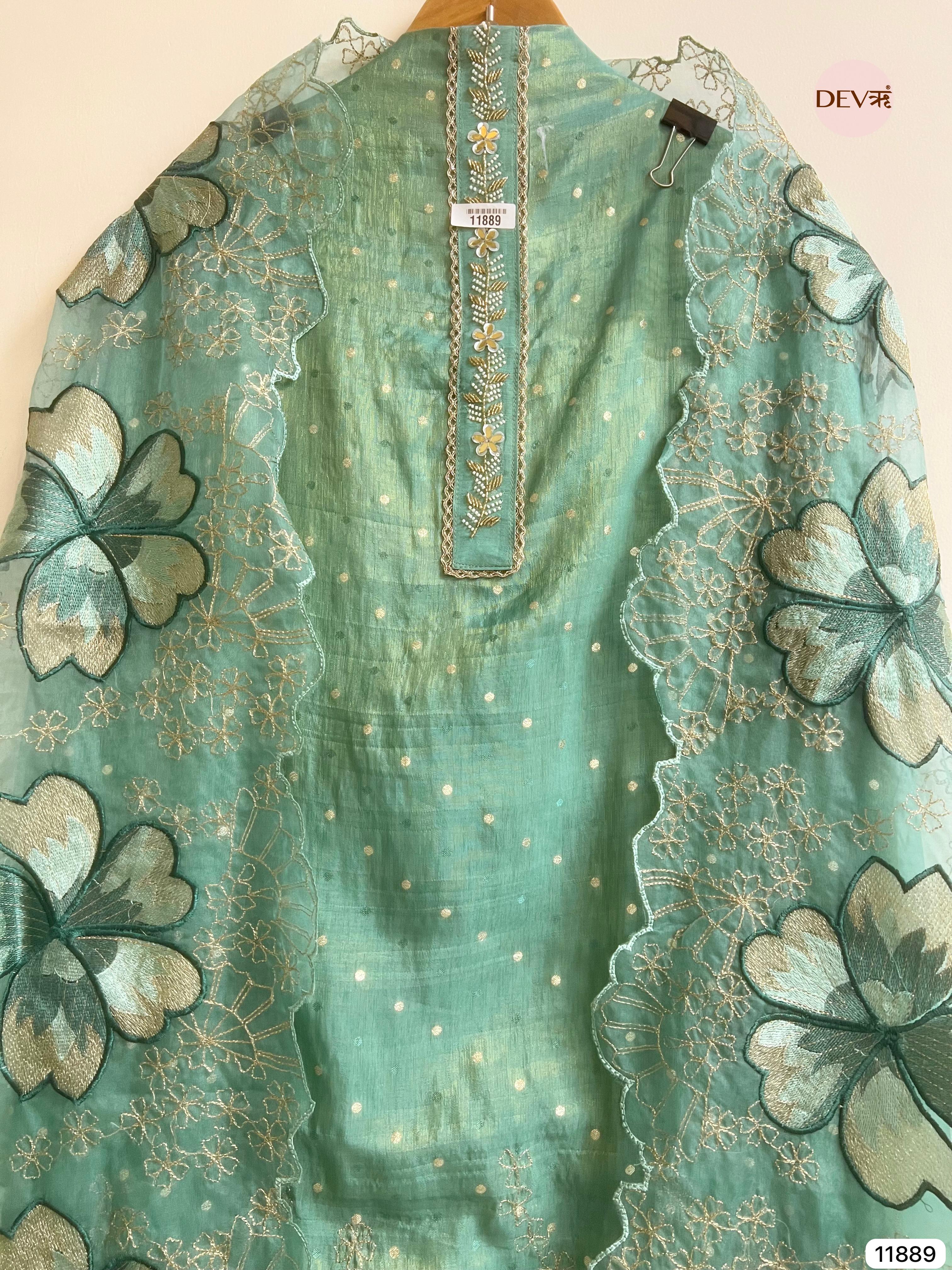 Green Tissue Silk Unstitched Embroidered -Set Of 3- {11889}