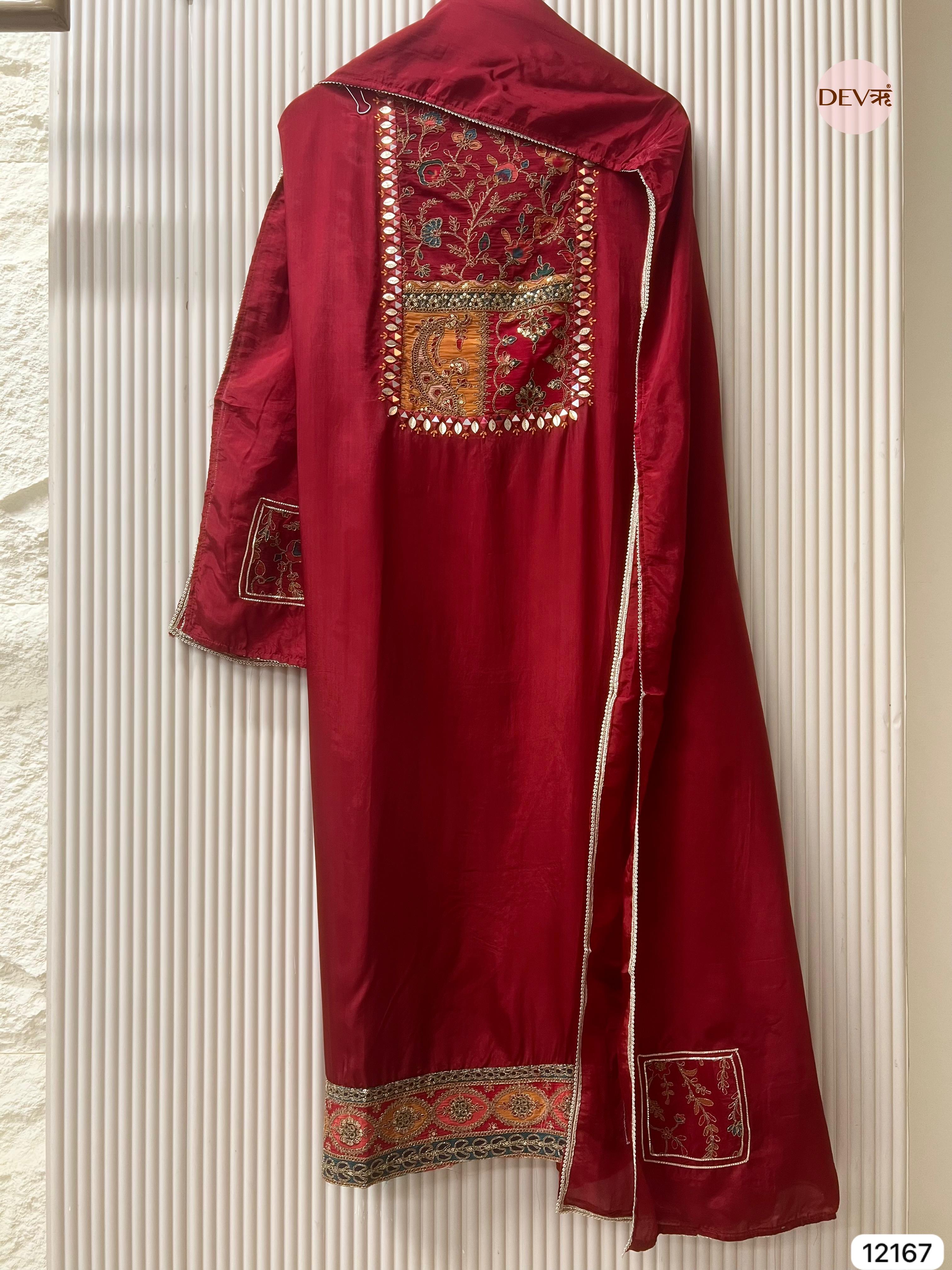 Red Organza Silk Unstitched Shirt with Hand Embroidered -Set Of 3 - {12167}