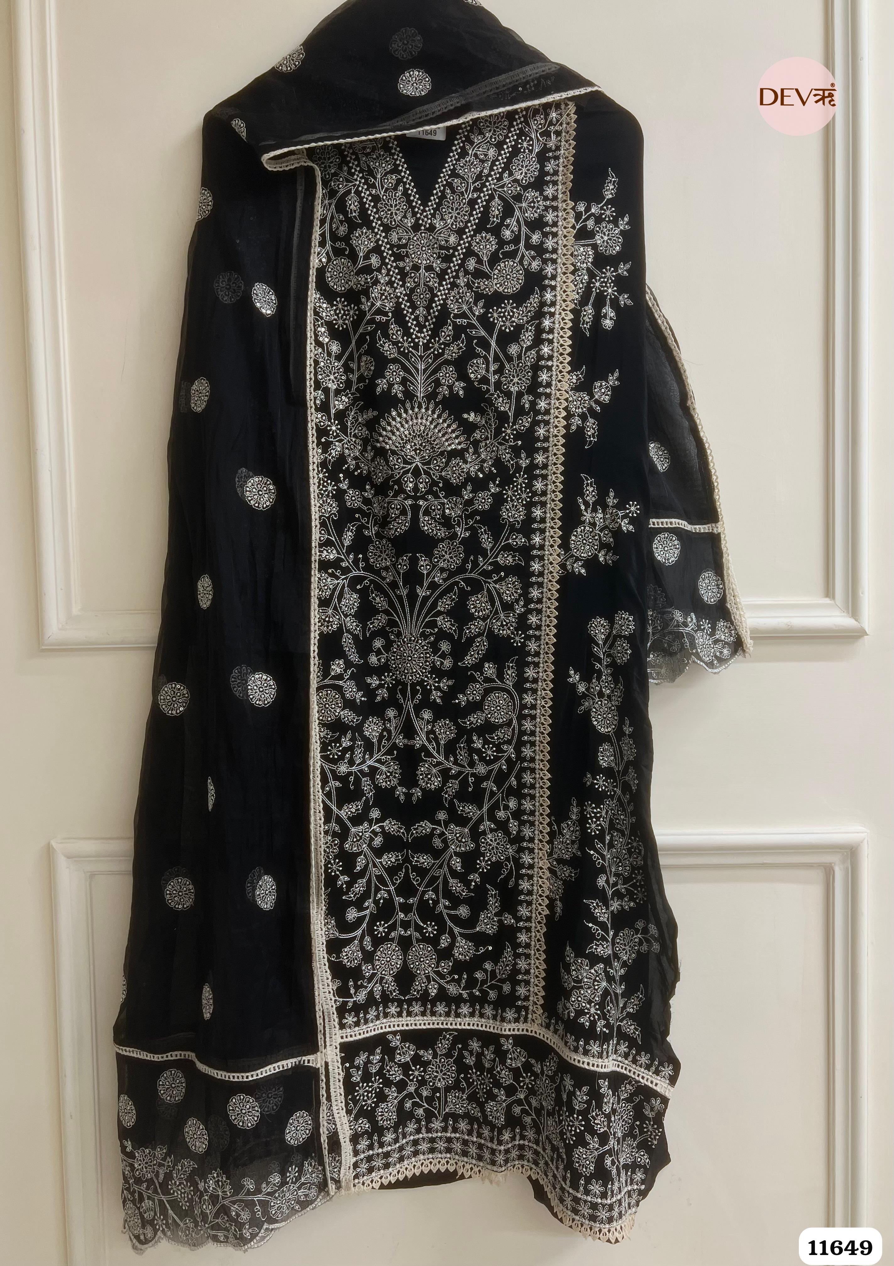 Black Pure Organza Unstitched Embroidered -Set Of 3 {11649}