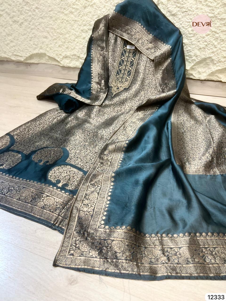 Deep Teal Blue Pure Banarasi Silk Woven Unstitched 3-Piece Suit (Devri – D.No 12333)