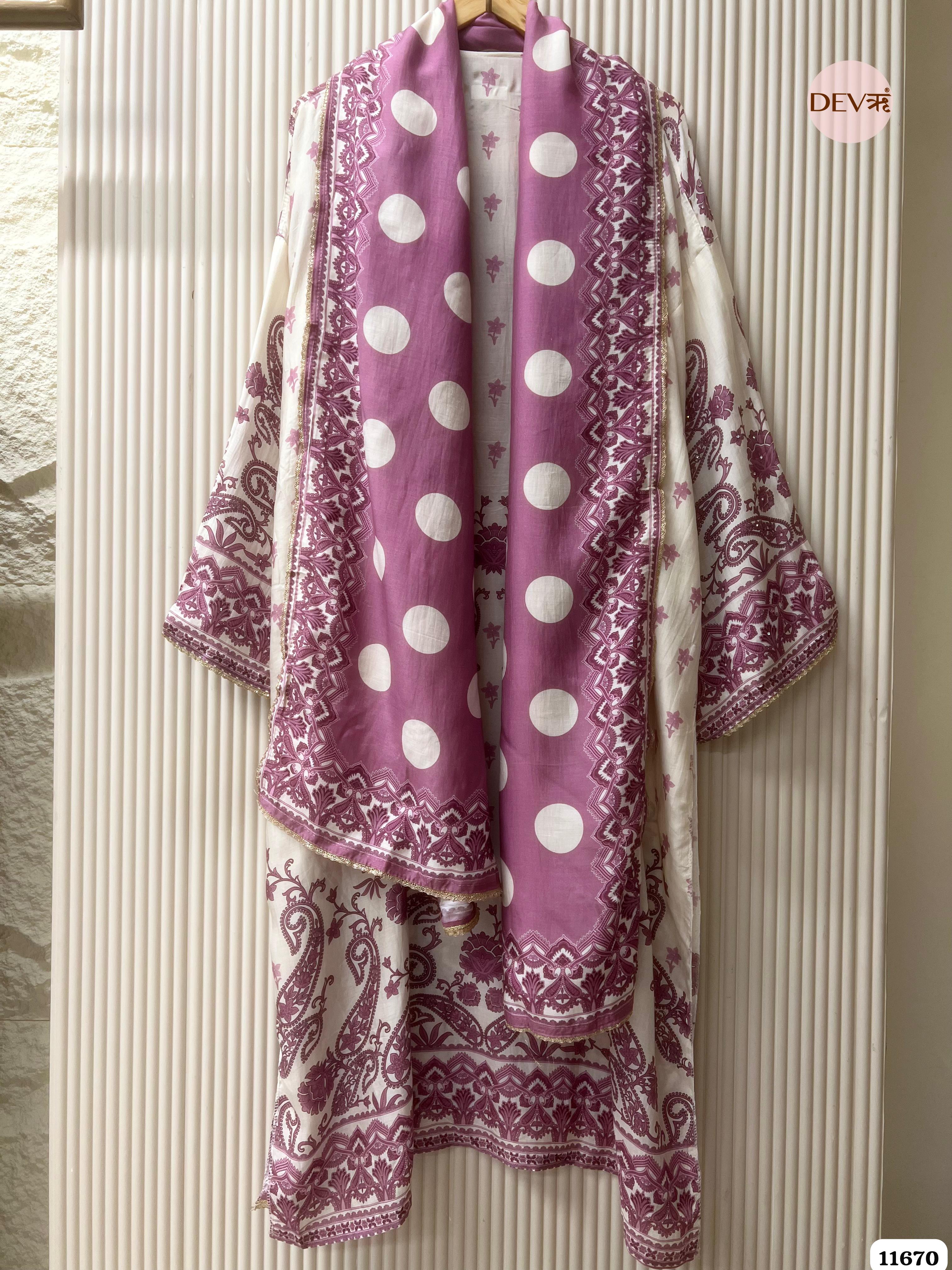 Off White/ purple Muslin Printed Semi Stitched Hand Embroidered -Set Of 3 - {11670}
