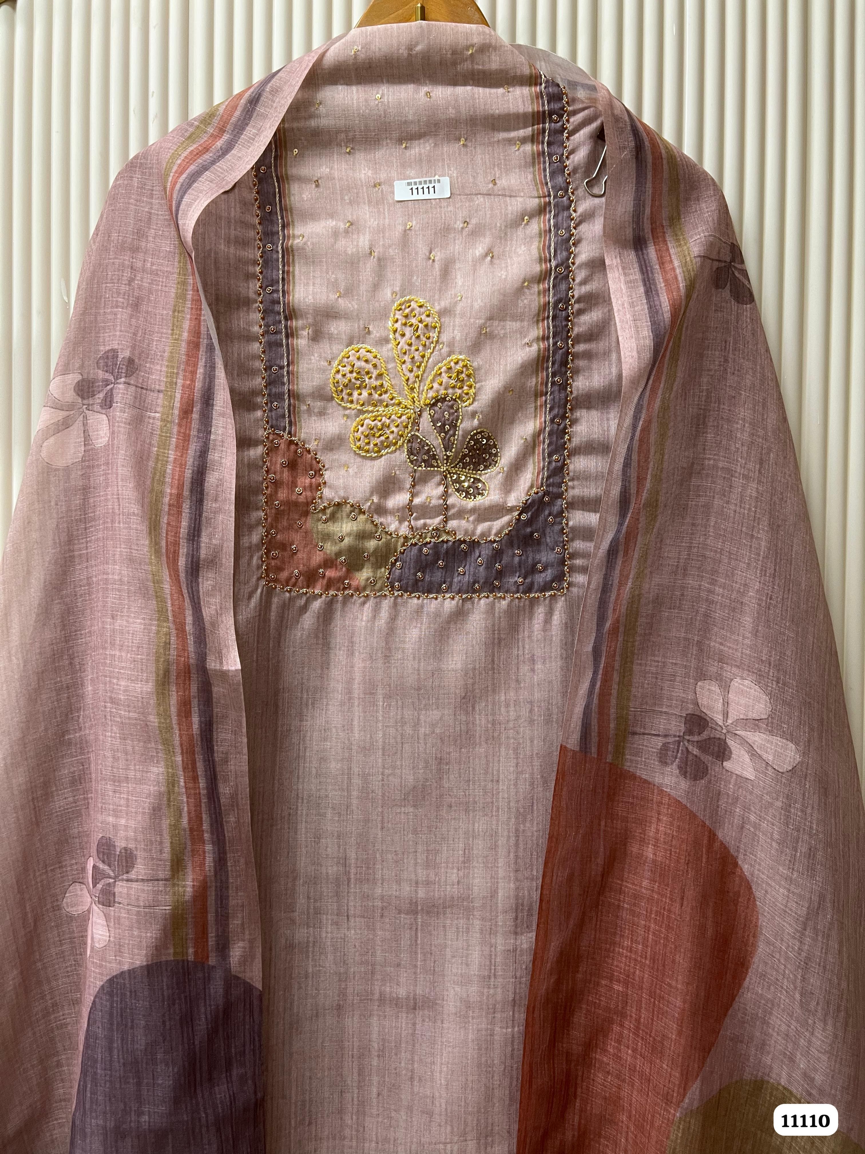 Brown Linen Printed Unstitched Hand Emboidered-Set Of 3