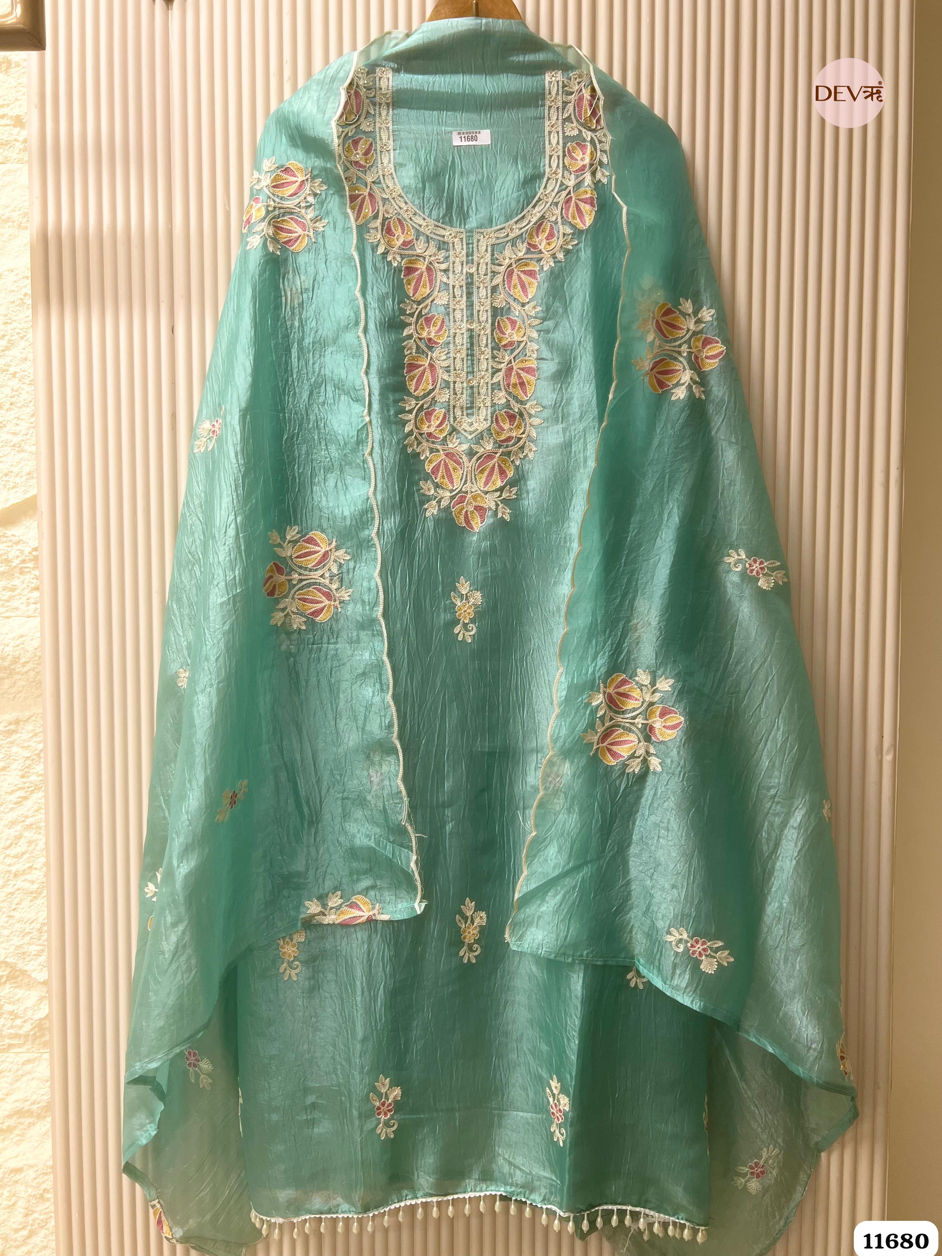 Green Tissue Crush Silk Unstitched Embroidered -Set Of 3 {11680}