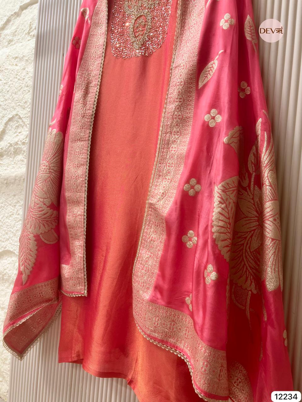 Coral Tissue Shimmer Silk Embroidered Unstitched 3-Piece Suit (Devri – D.No 12234)