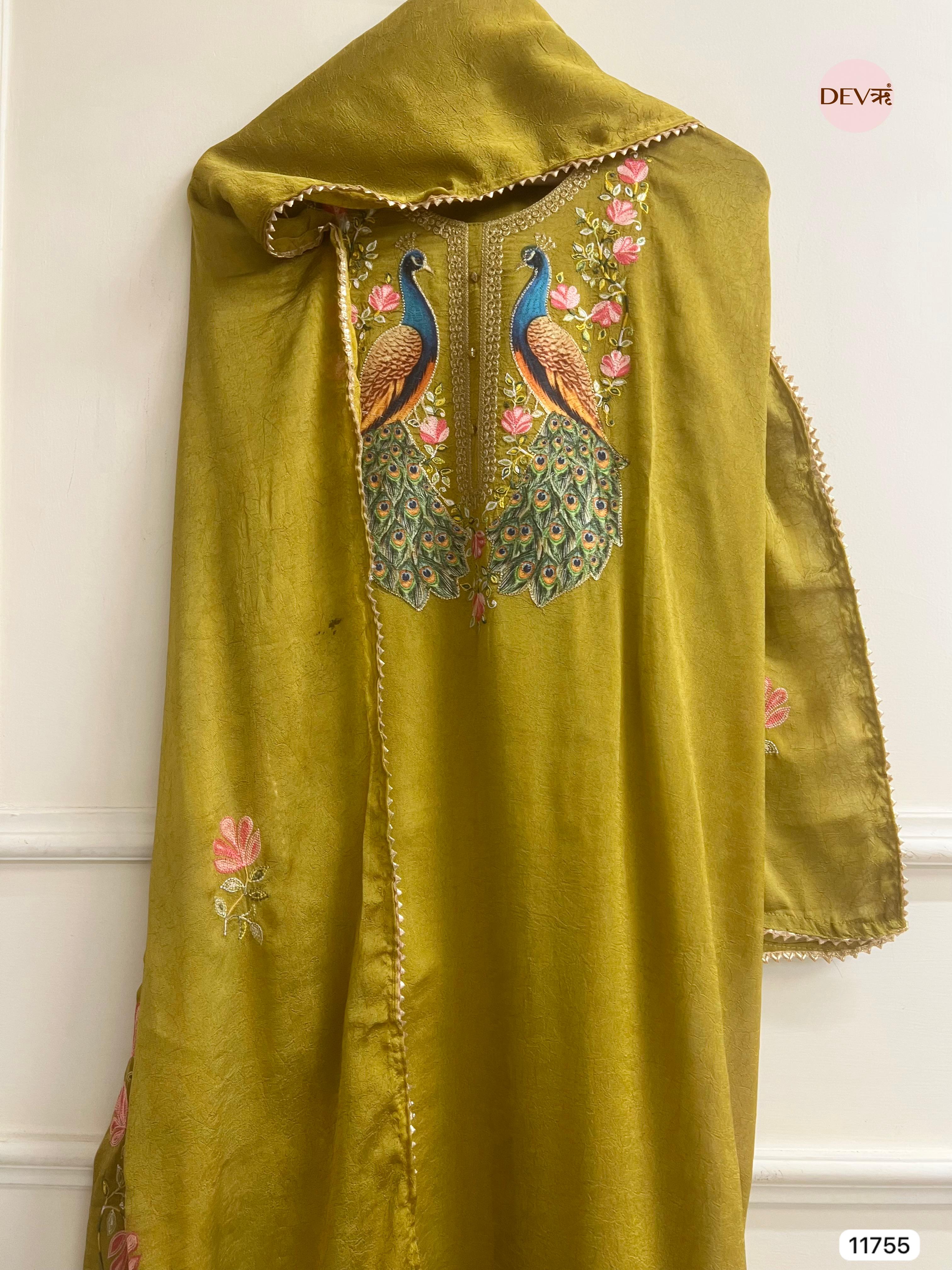 Olive Green Russian Silk Unstitched Hand Applique Work Embroidered -Set Of 3- {11755}