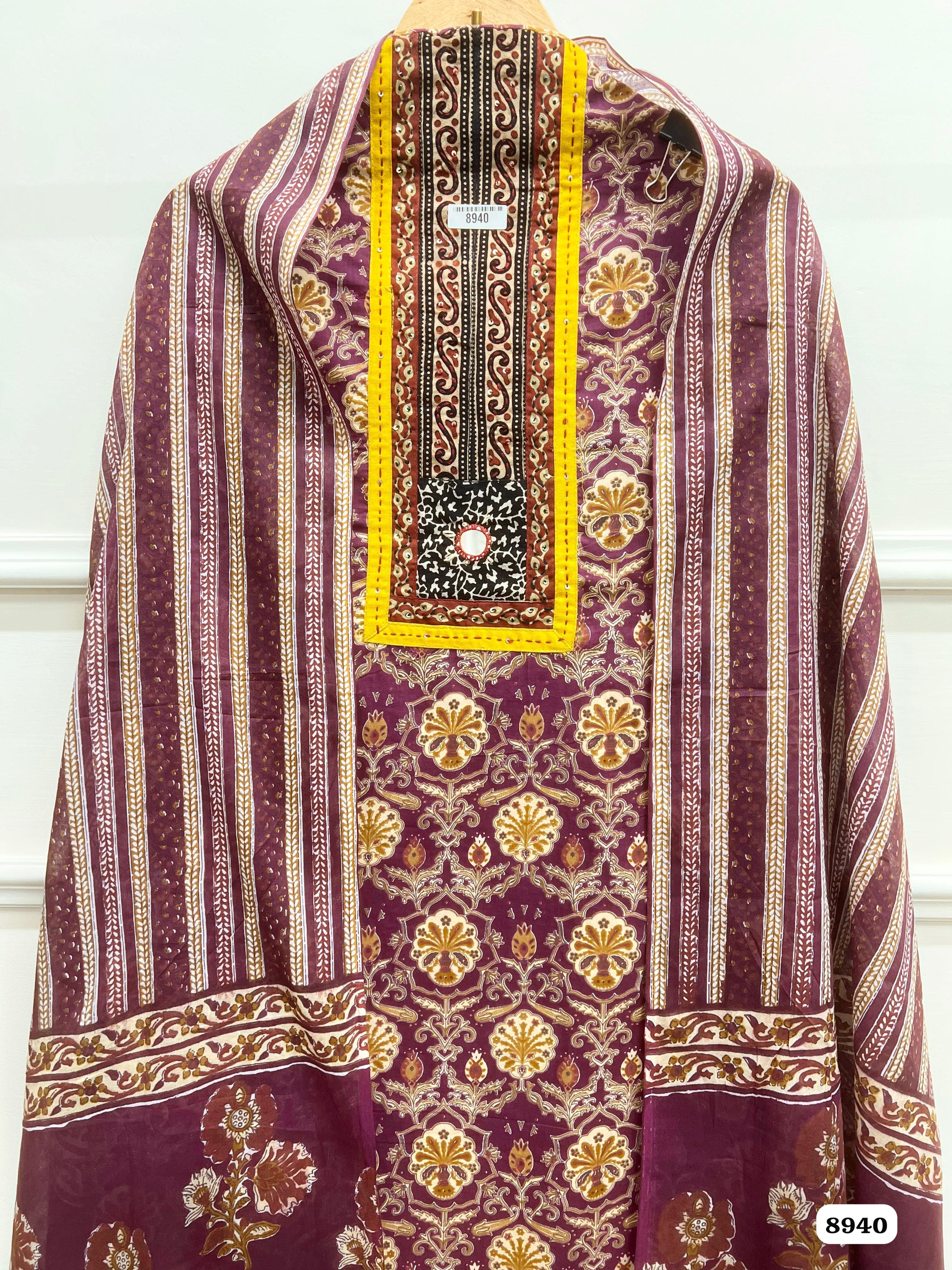 Maroon Cotton Printed Unstitched Hand Embroidered-Set Of 3 {8940}