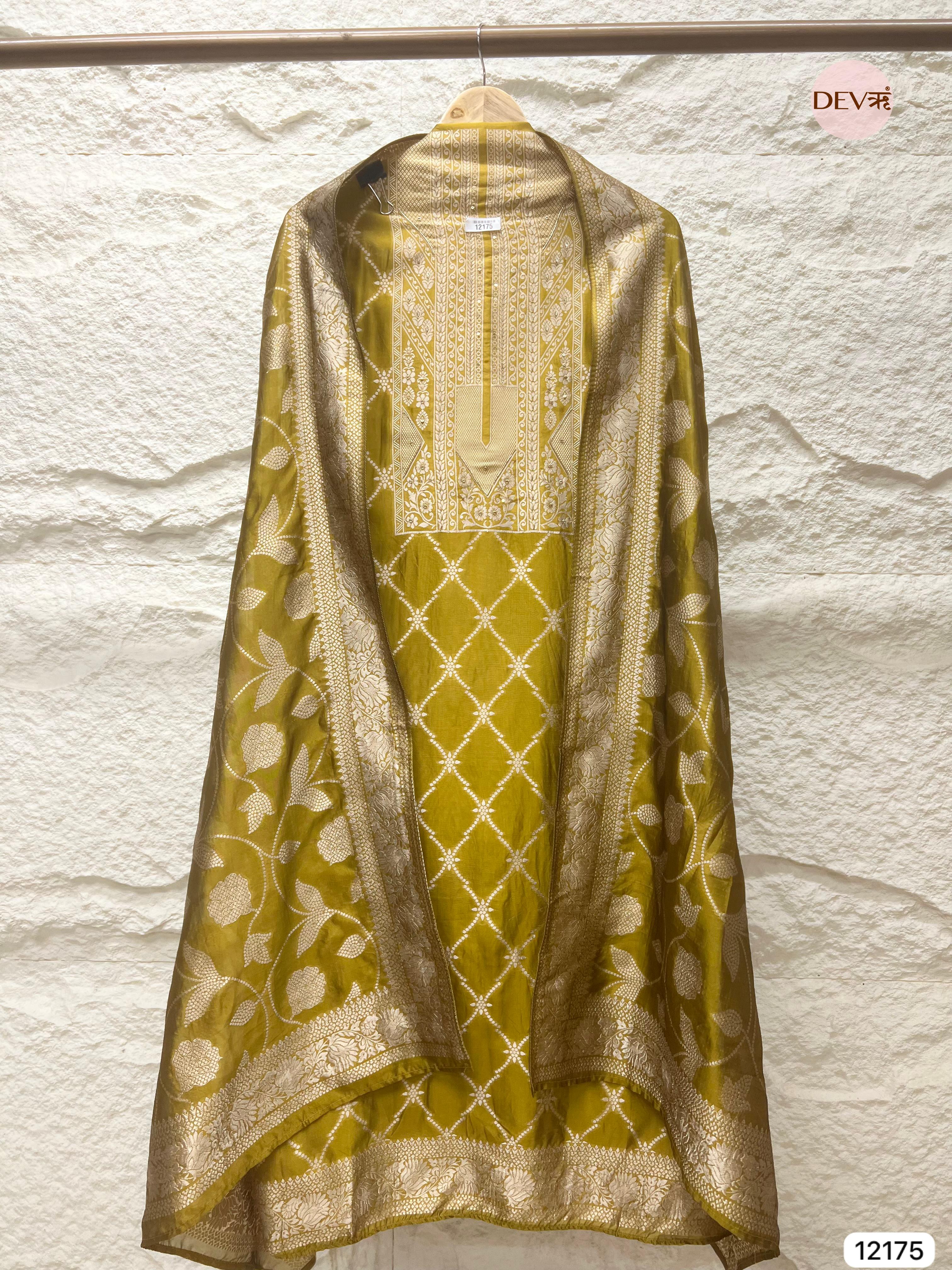 Yellow Pure Banarasi Silk Unstitched Hand Embroidered-Set of 3 - {12175}