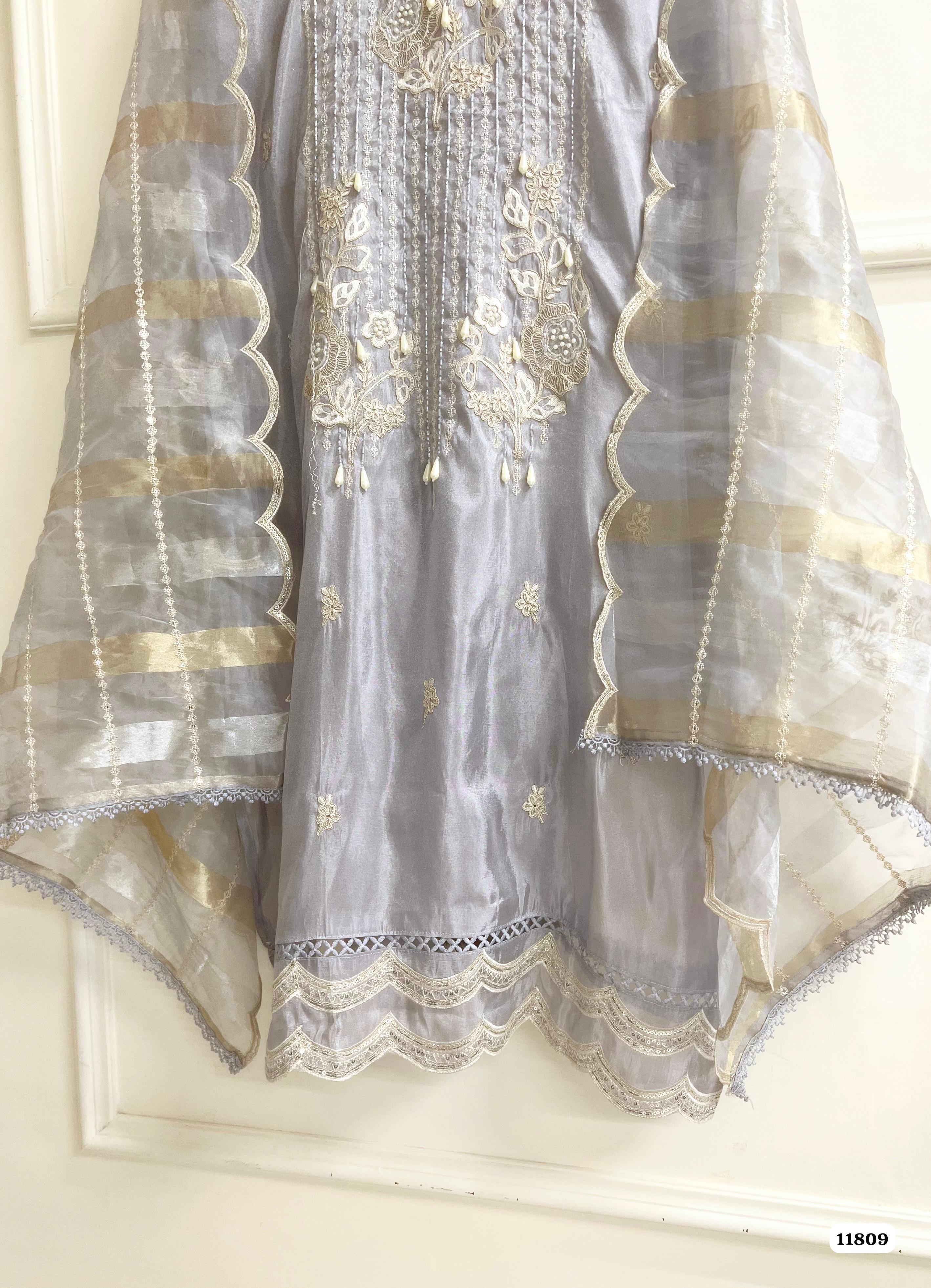 Light Grey Tissue silk unstitched Hand Embroidered -Set Of 3 {11809}