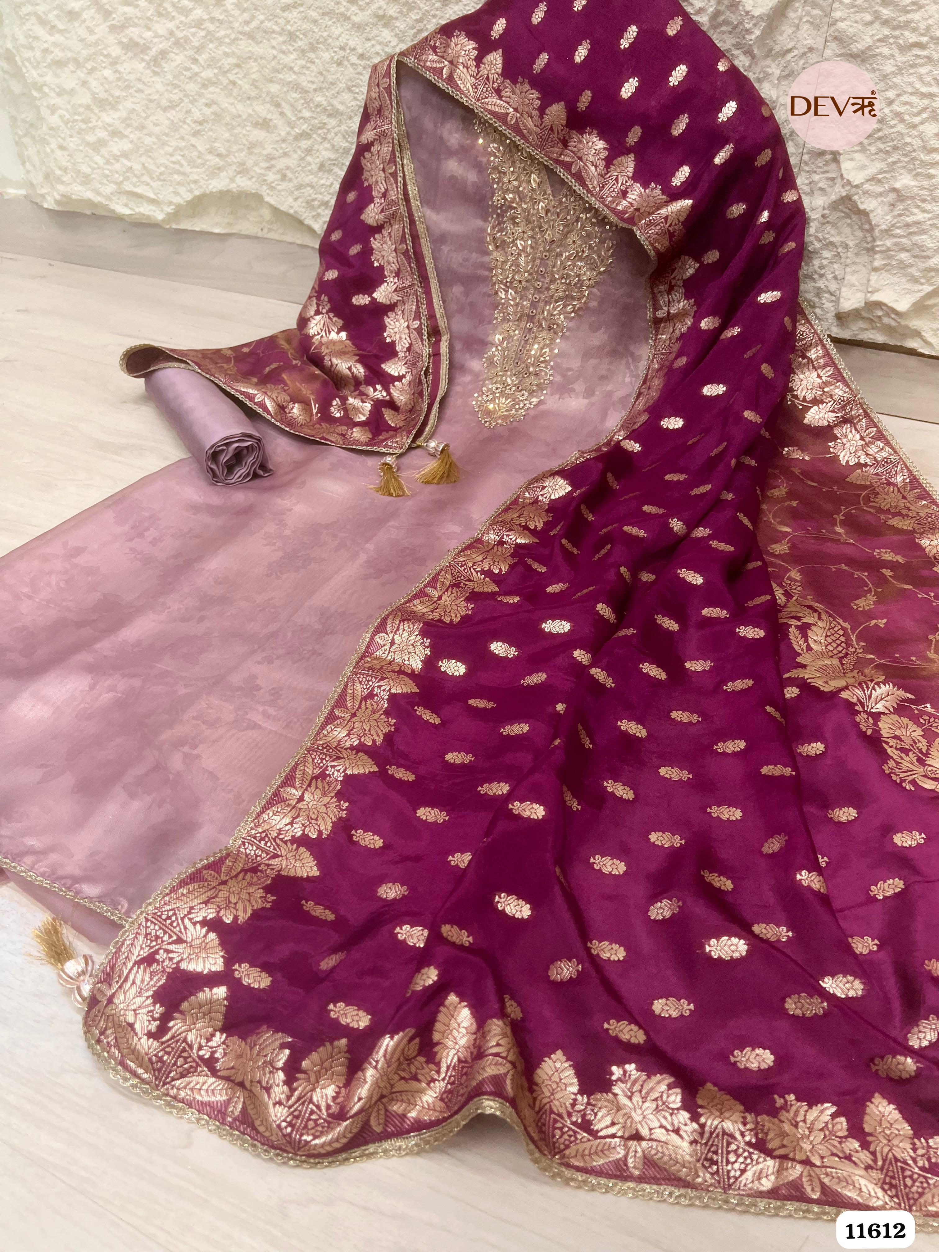 Light Purple Pure Tissue Organza Printed Unstitched Hand Embroidered -Set Of 3 {11612}