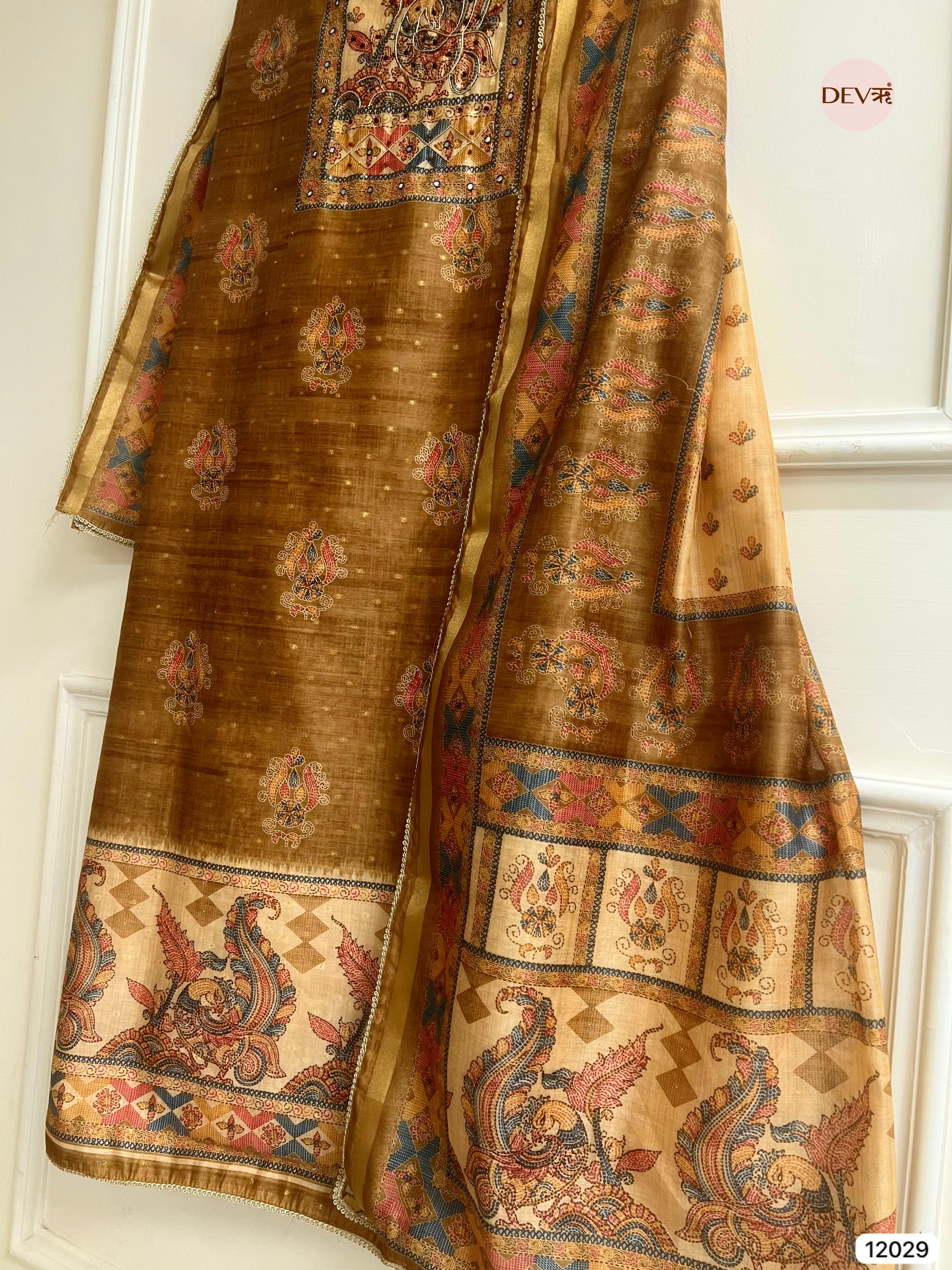 Golden-Brown Tusser Khadi Silk Printed Unstitched Hand Embroidered -Set Of 3 - {12029}