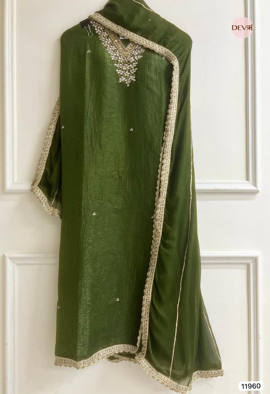 Green Pure Tissue Crush Unstitched Hand Embroidered -Set Of 3 - {11960}