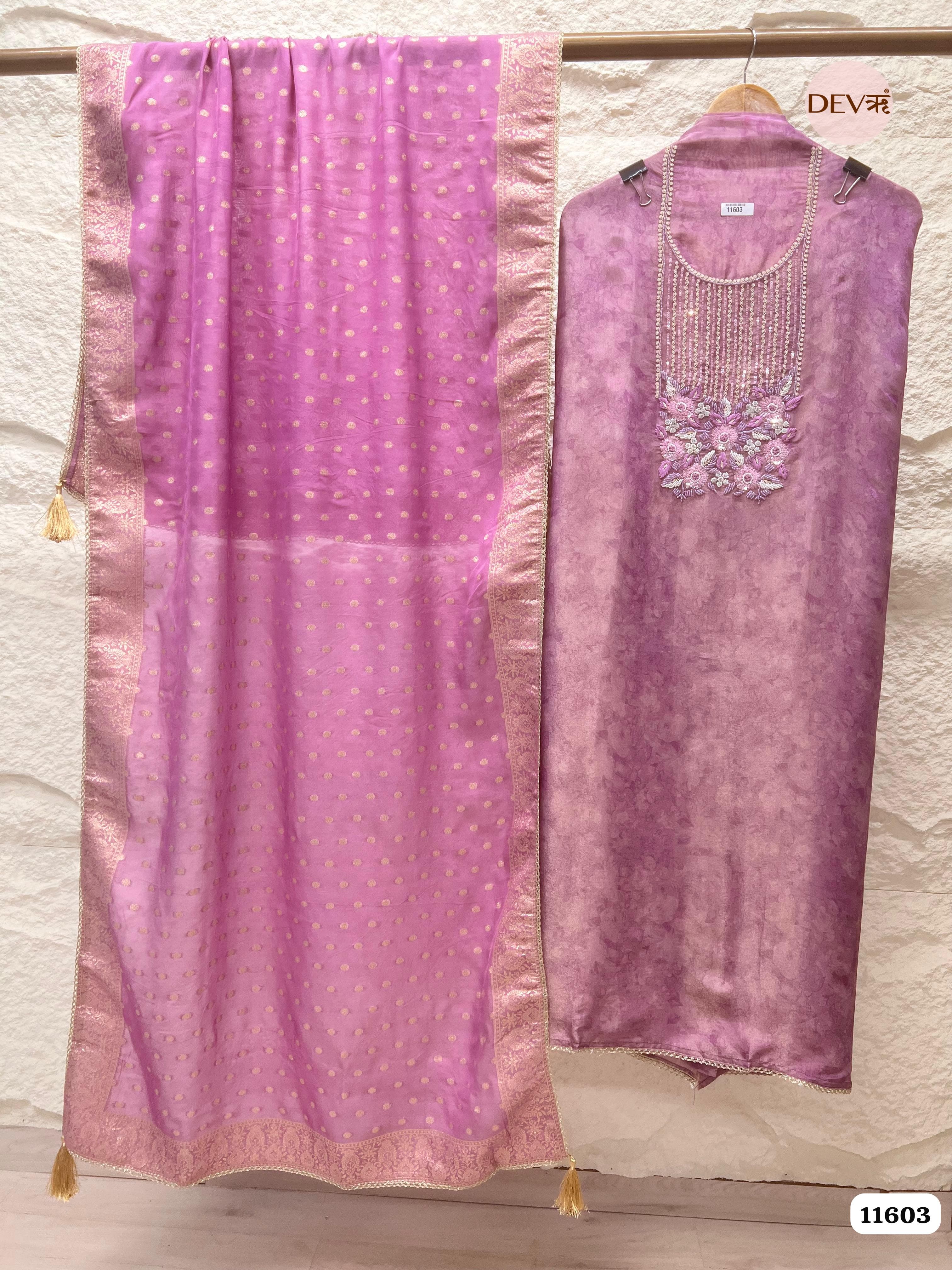 Purple Tissue Silk Unstitched Hand Embroidered -Set Of 3 {11603}