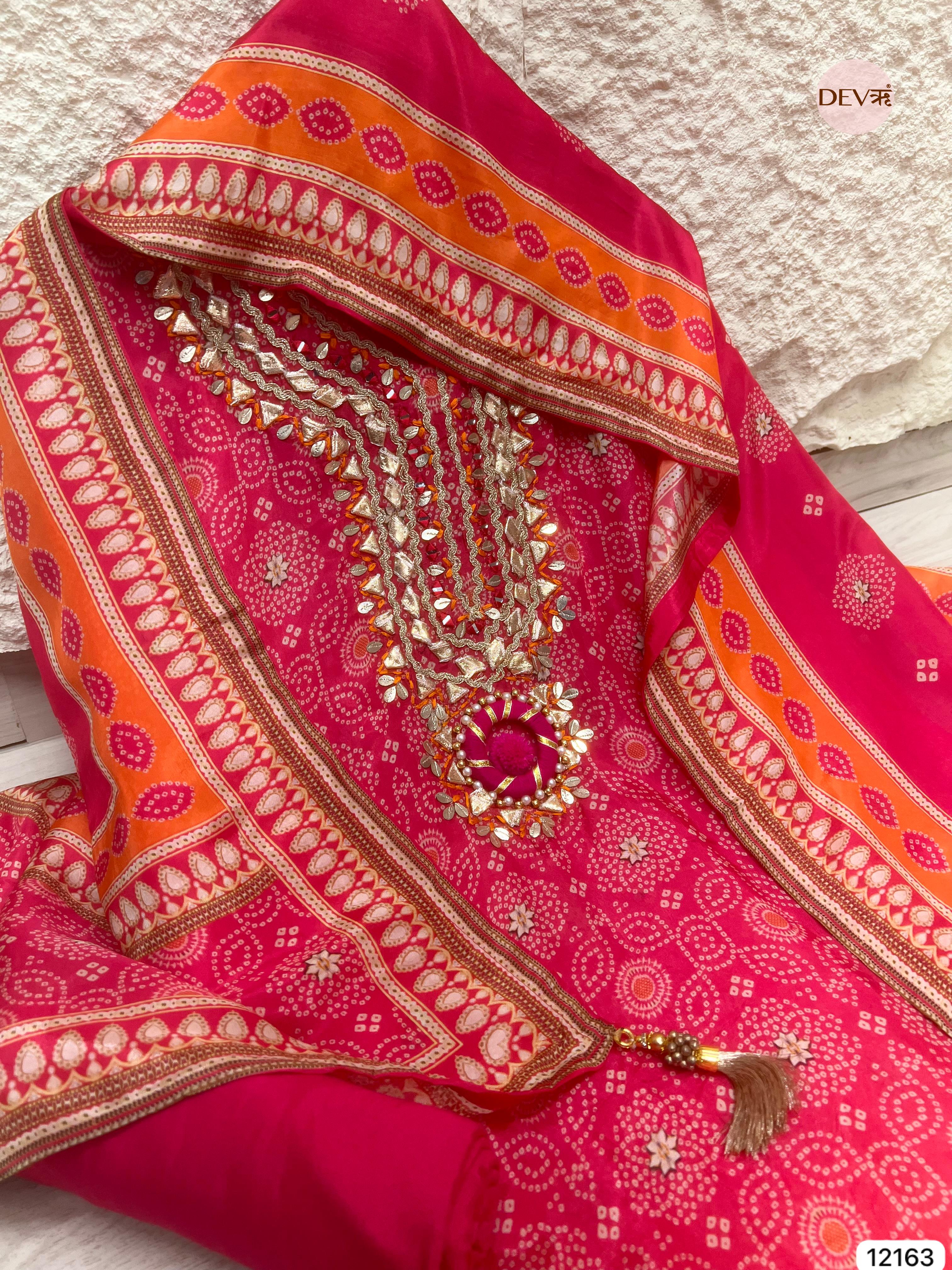 Pink Tissue Shimmer Silk Unstitched Shirt Printed -Set Of 3 - {12163}