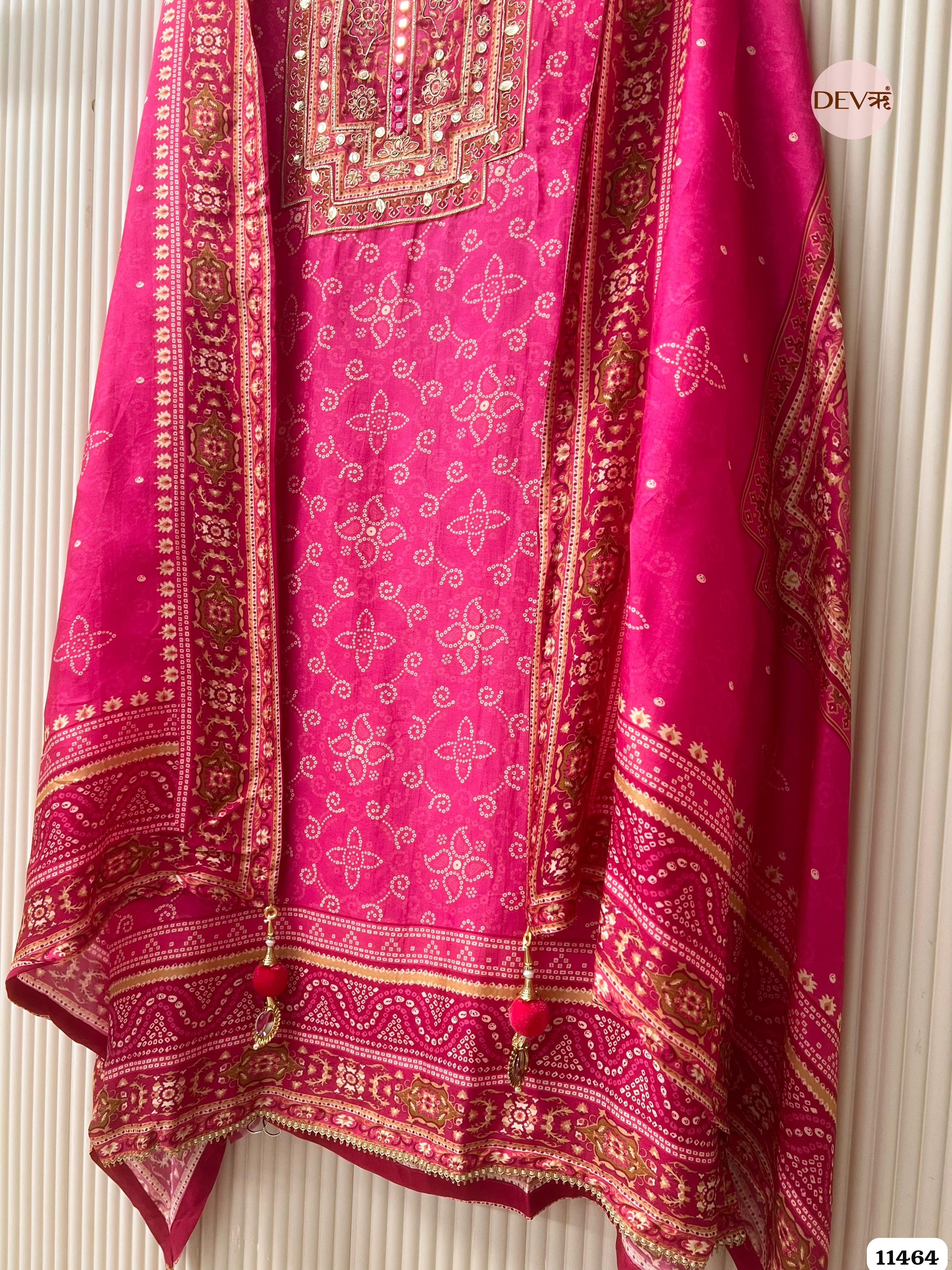 Pink Russian Silk Unstitched Printed Hand Embroidered -Set Of 3- {11464}
