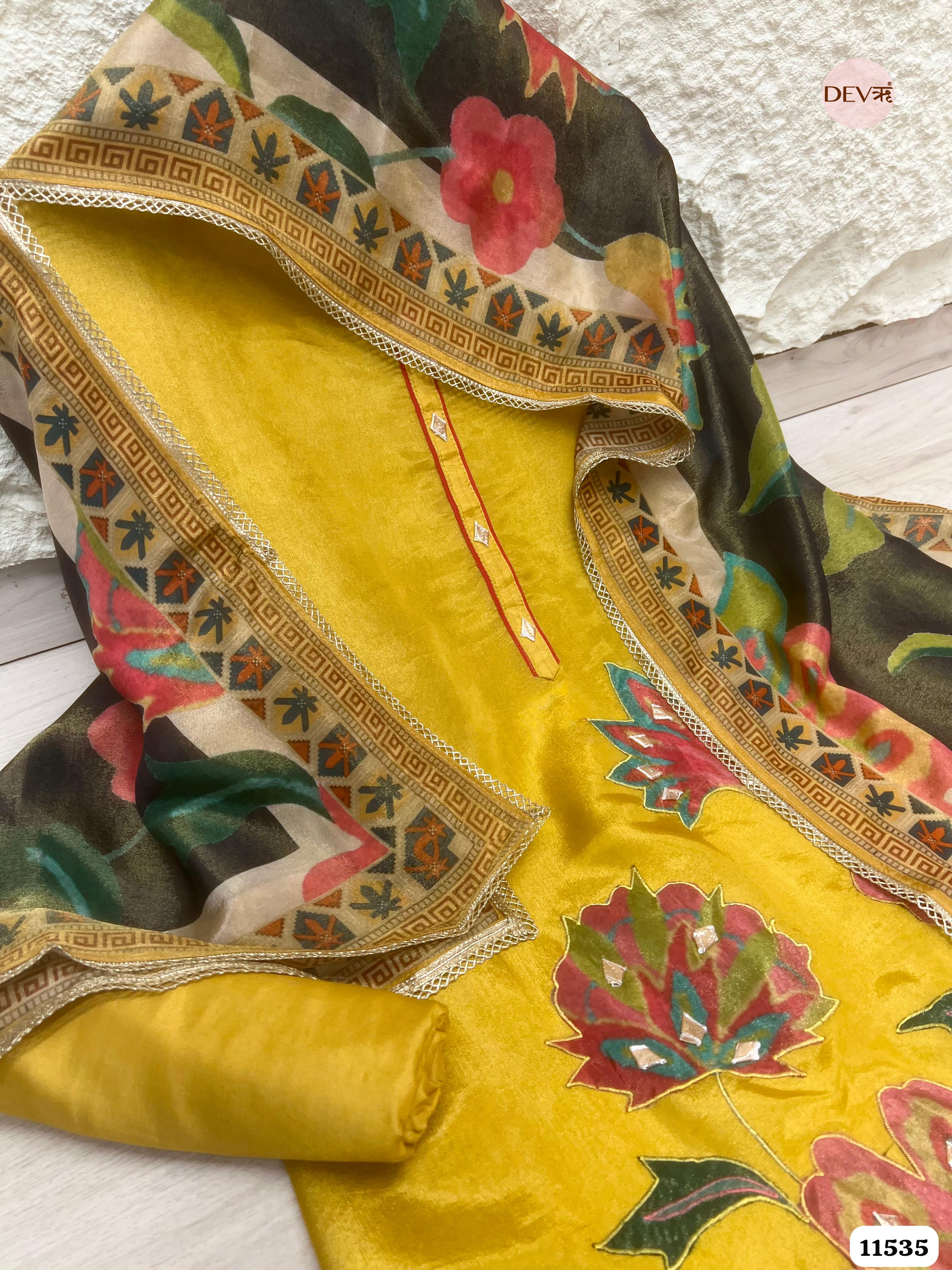 Yellow Tissue Silk Unstitched Applique Work Hand Embroidered -Set Of 3 {11535}