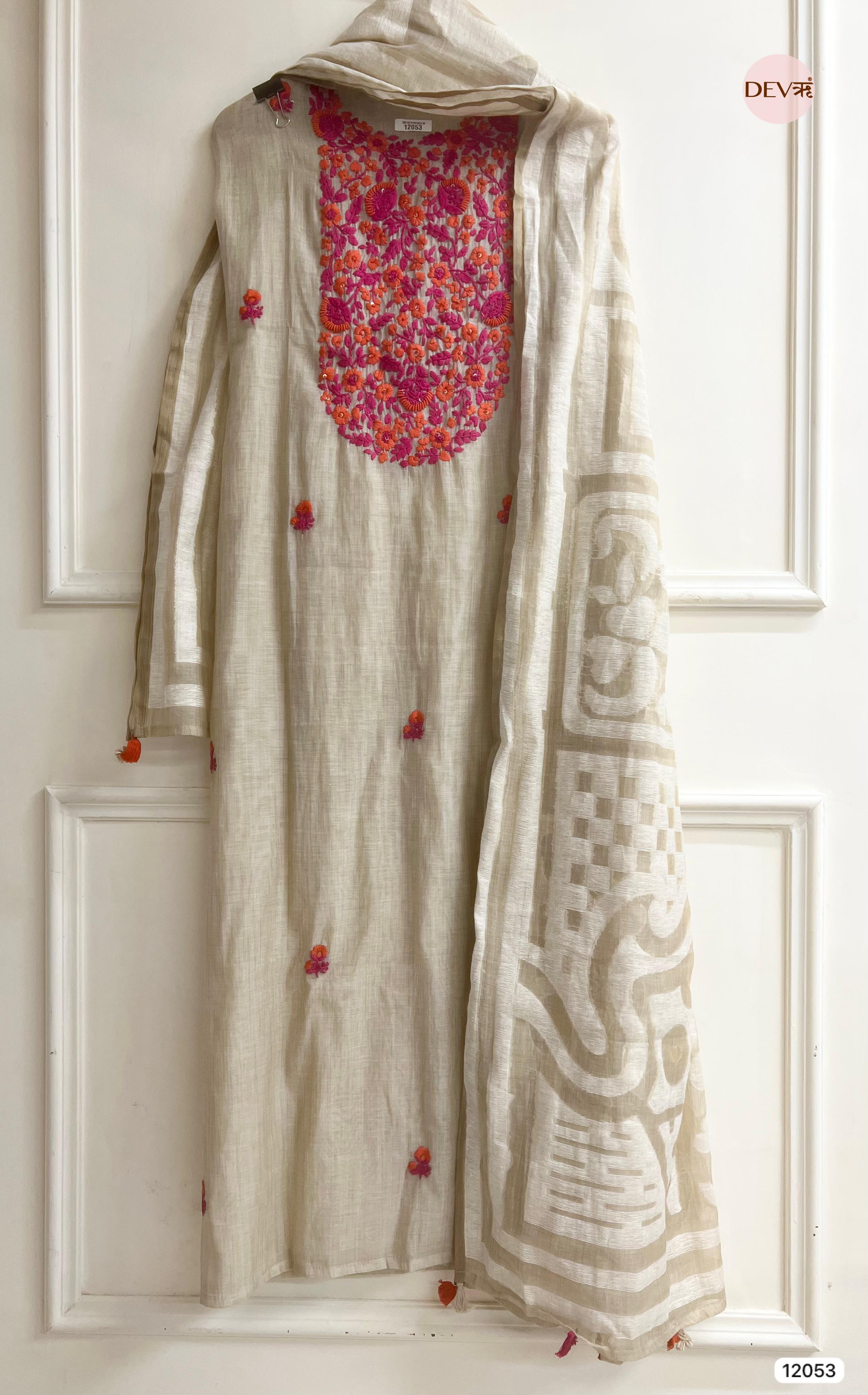 Of White Pure Khadi Silk Unstitched Embroidered -Set Of 3 - {12053}