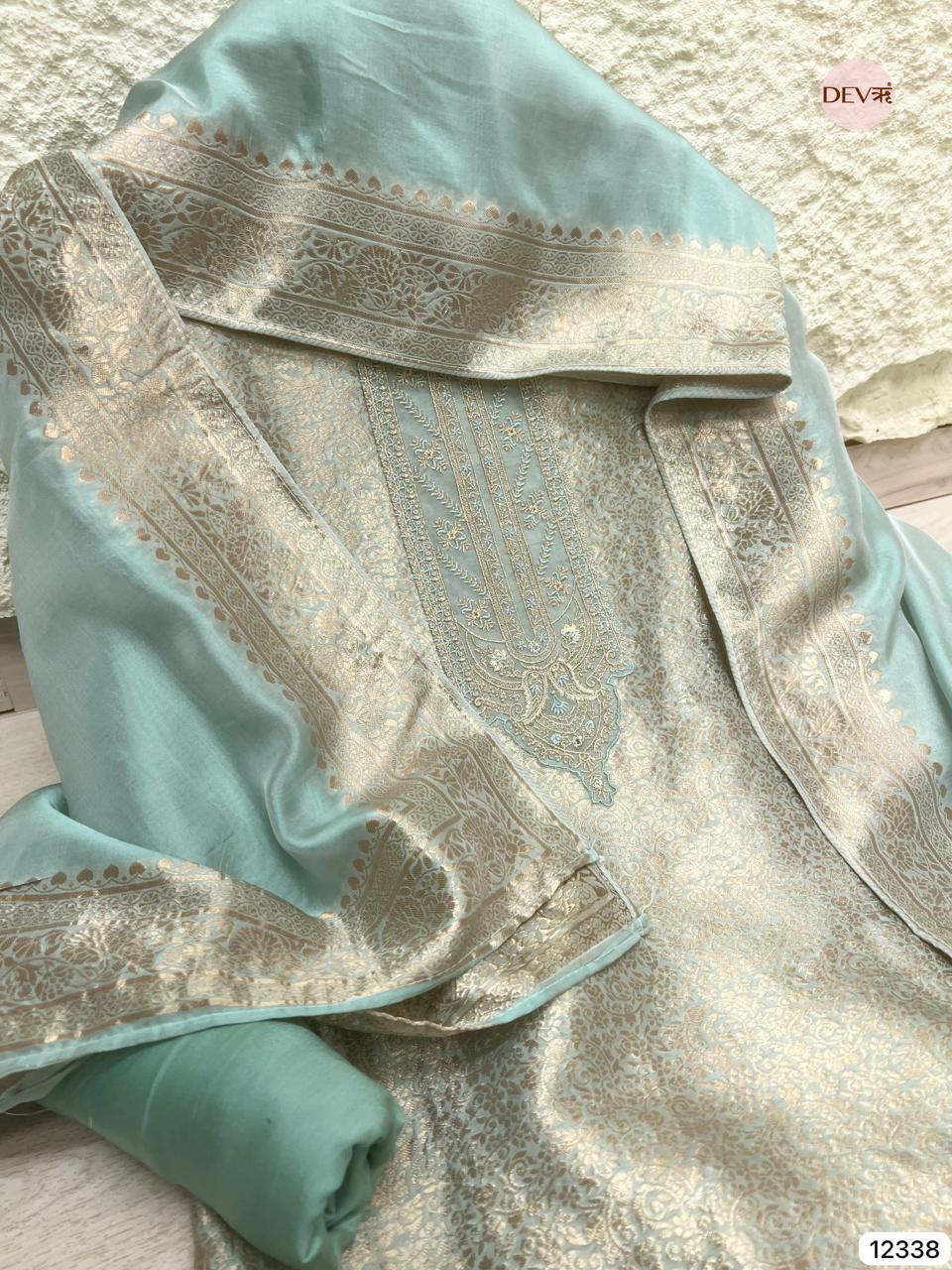 Powder Blue Pure Banarasi Silk Embroidered Unstitched 3-Piece Suit (Devri – D.No 12338)