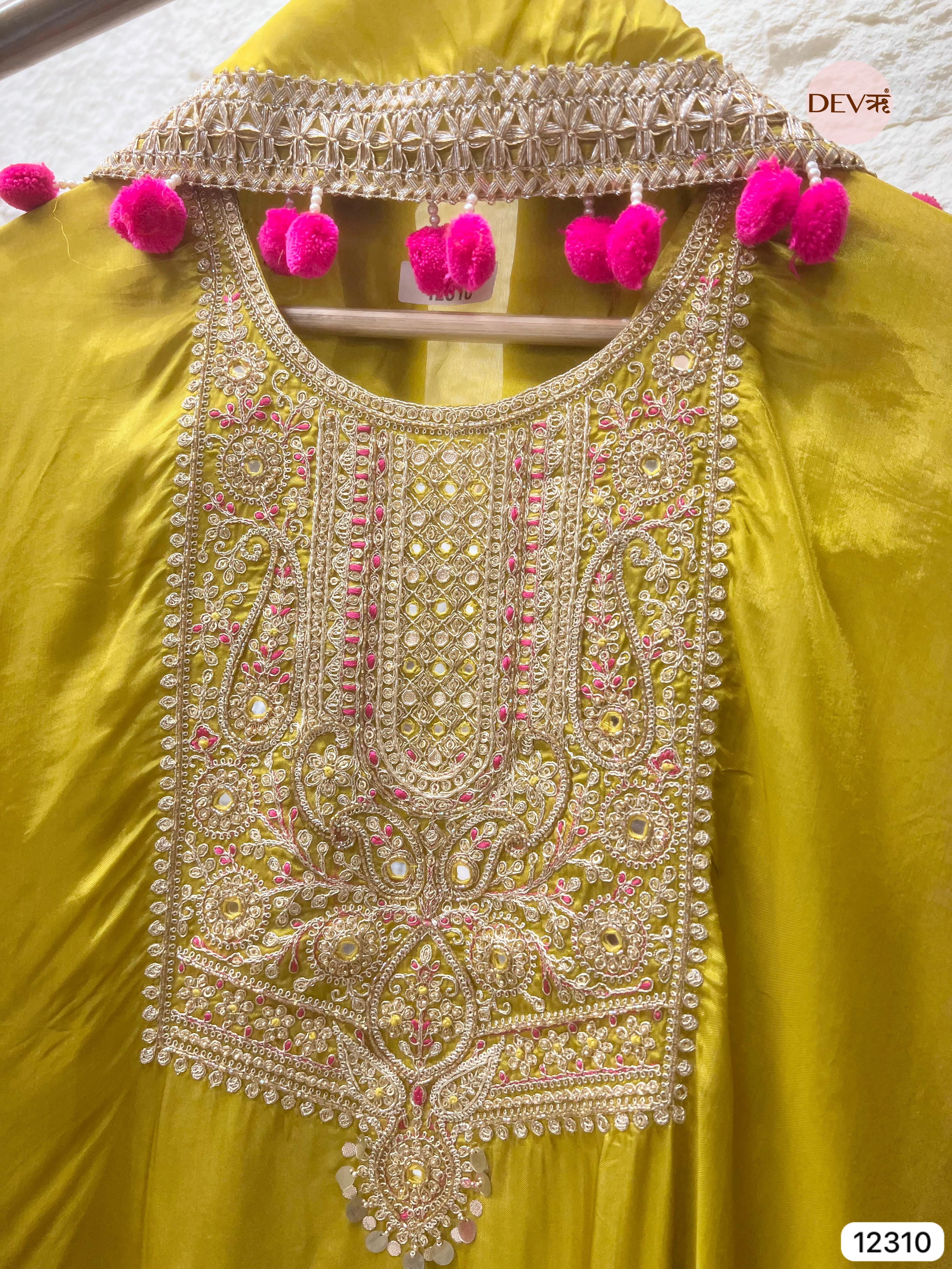 Lime Green Glass Organza Embroidered Unstitched 3-Piece Suit (Devri – D.No 12310)