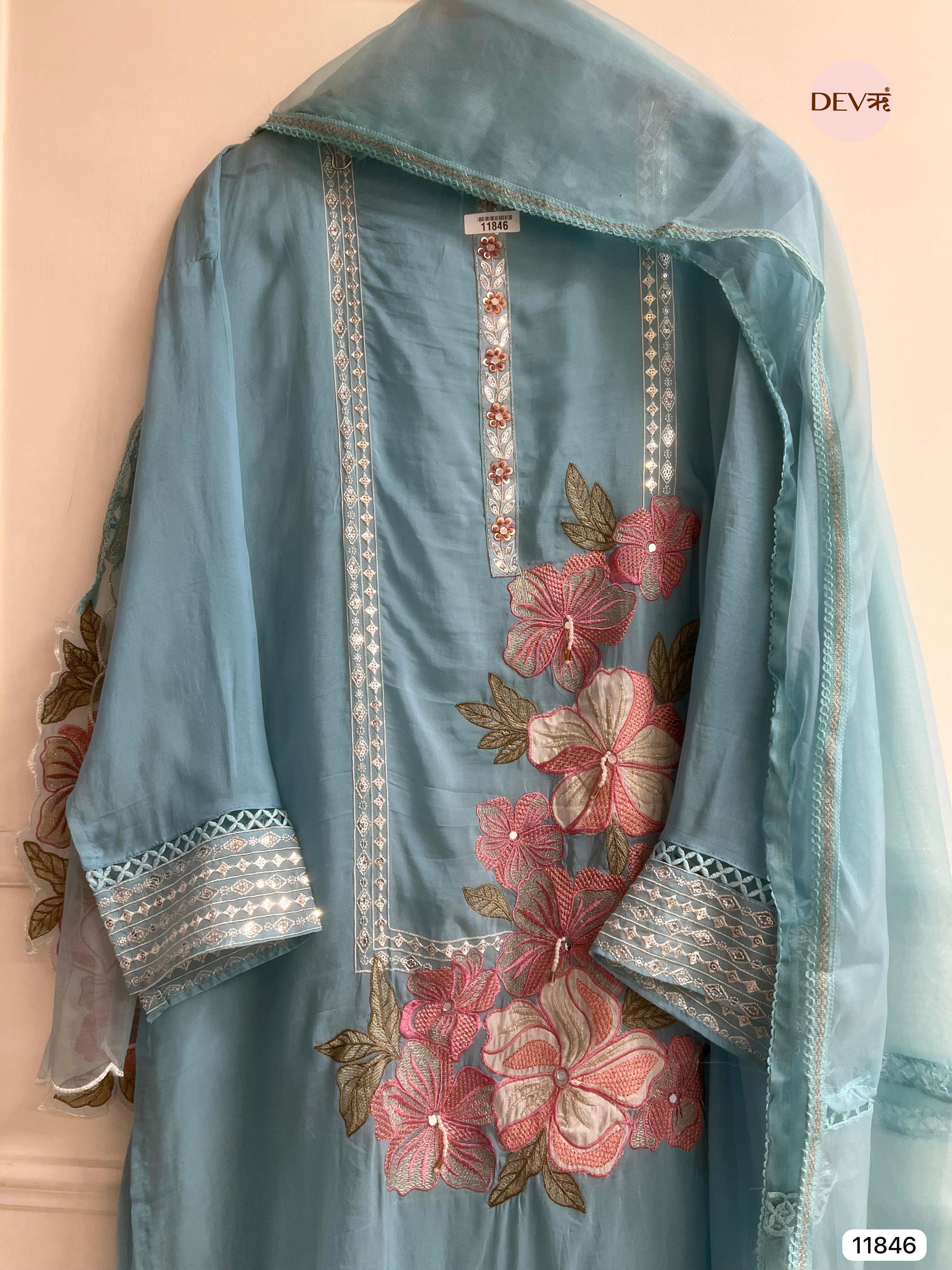 Blue Organza Semi Stitched Embroidered -Set Of 3 - {11846}