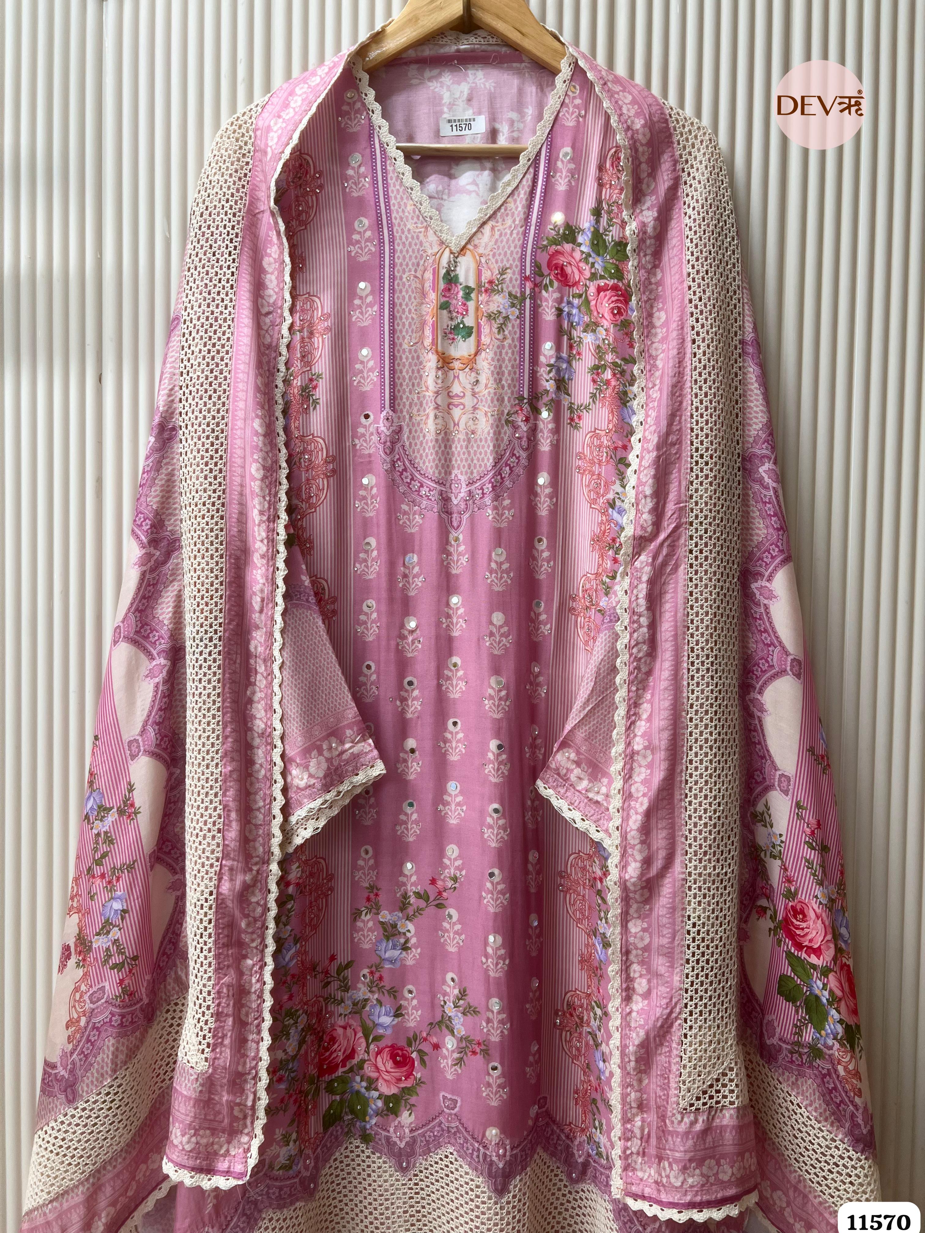 Pink Muslin Printed Semi Stitched Hand Embroidered -Set Of 3 {11570}
