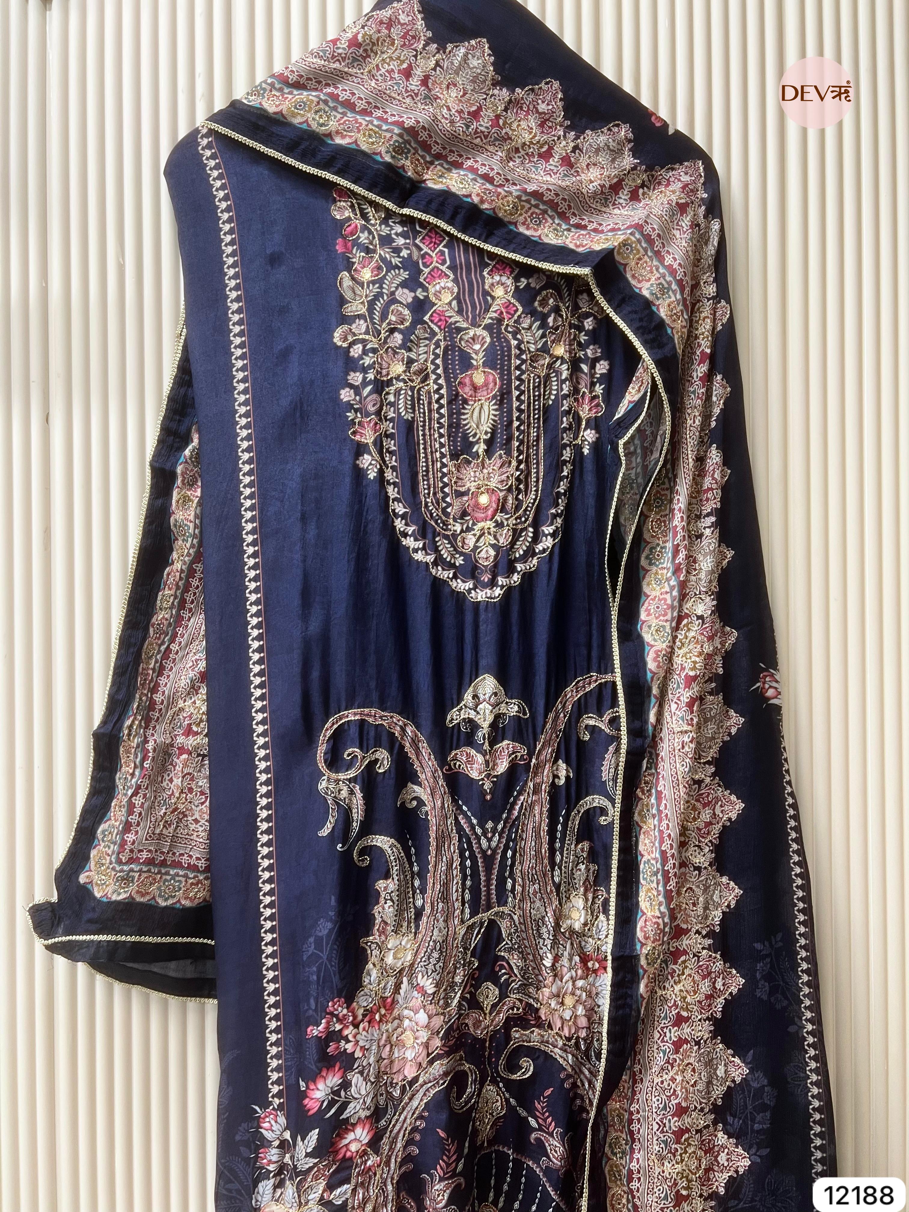 Blue Pure Muslin Unstitched Printed -Set Of 3 - {12188}