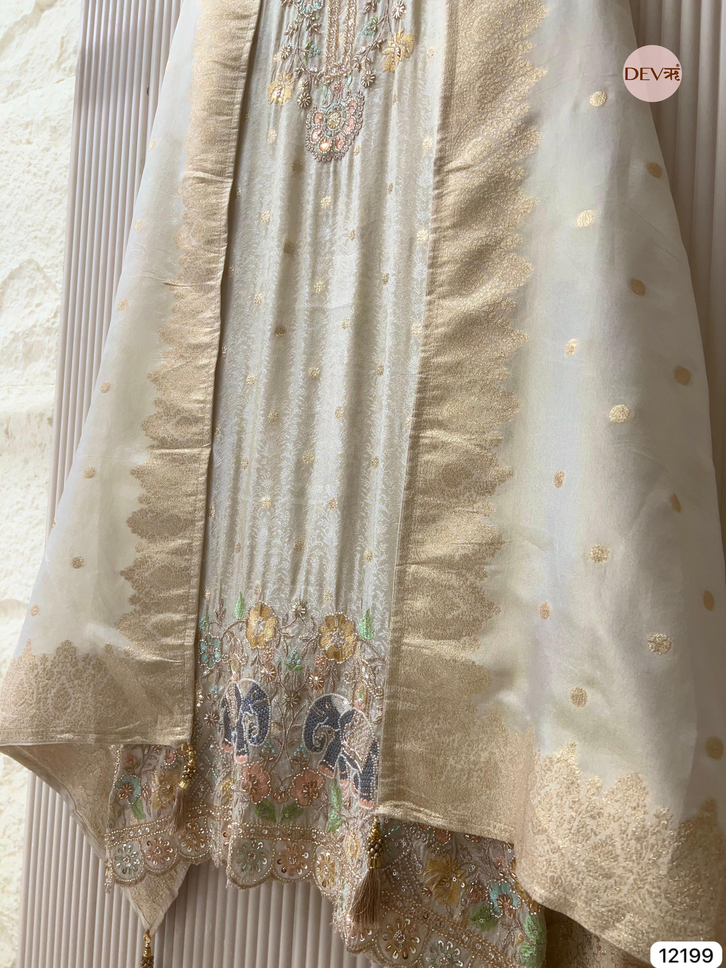 Creamy Silk Unstitched Banarasi Woven Hand Embroidered -Set Of 3 - {12199}
