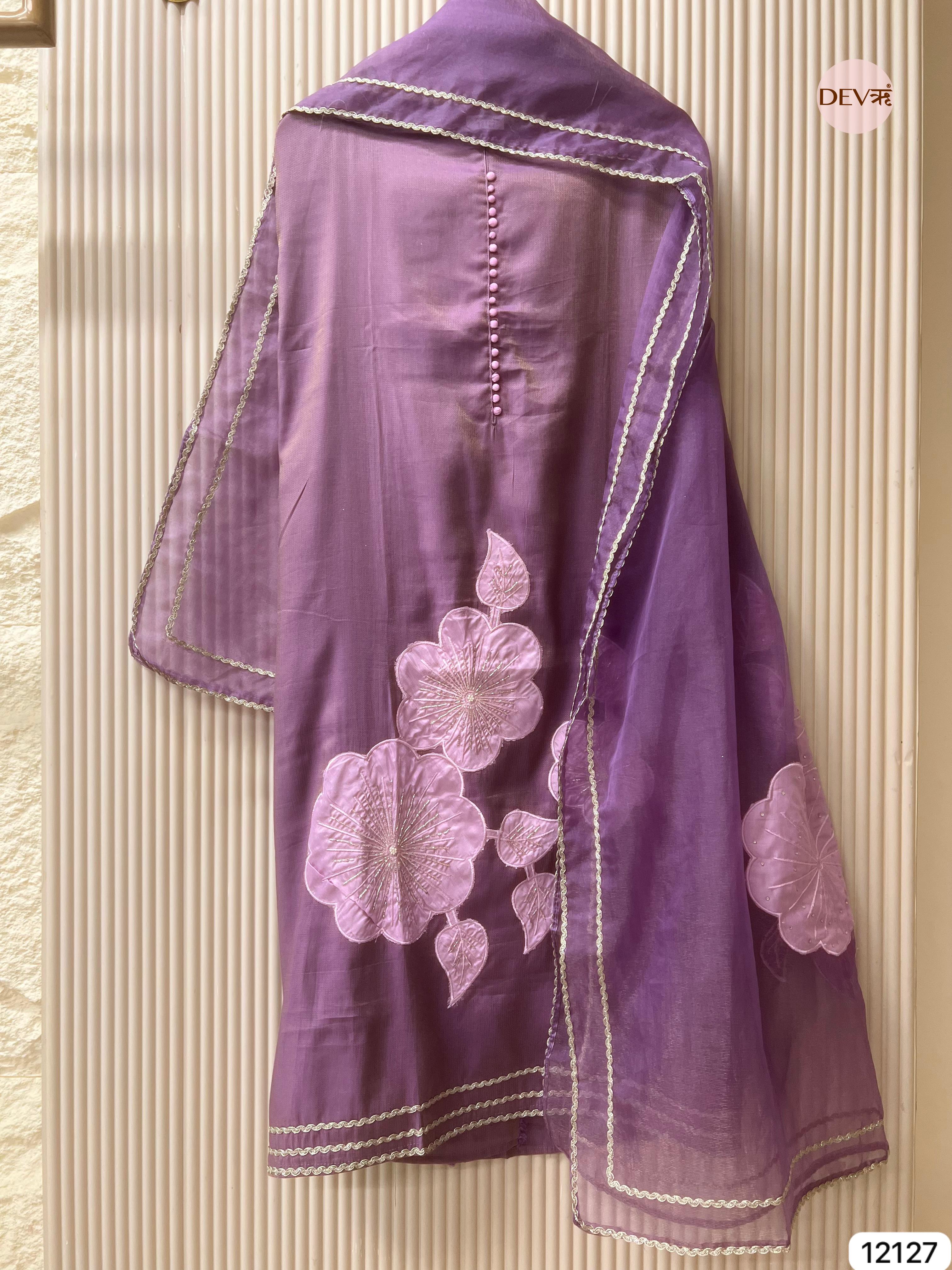 Purple Shimmer Silk Unstitched Applique Embroidered -Set Of 3 - {12127}