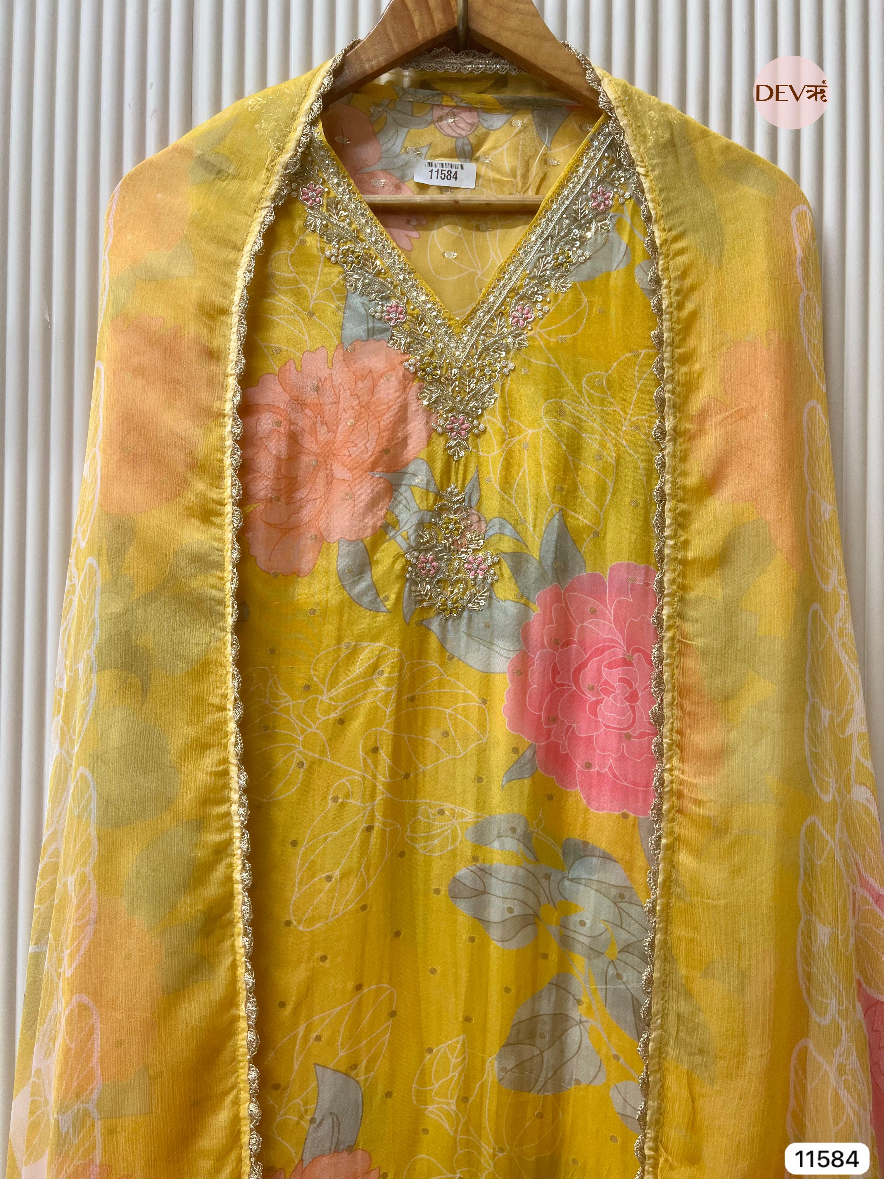 Sunlit Yellow Glass Organza Floral Unstitched 3-Piece Suit (Devri – D.No 11584)
