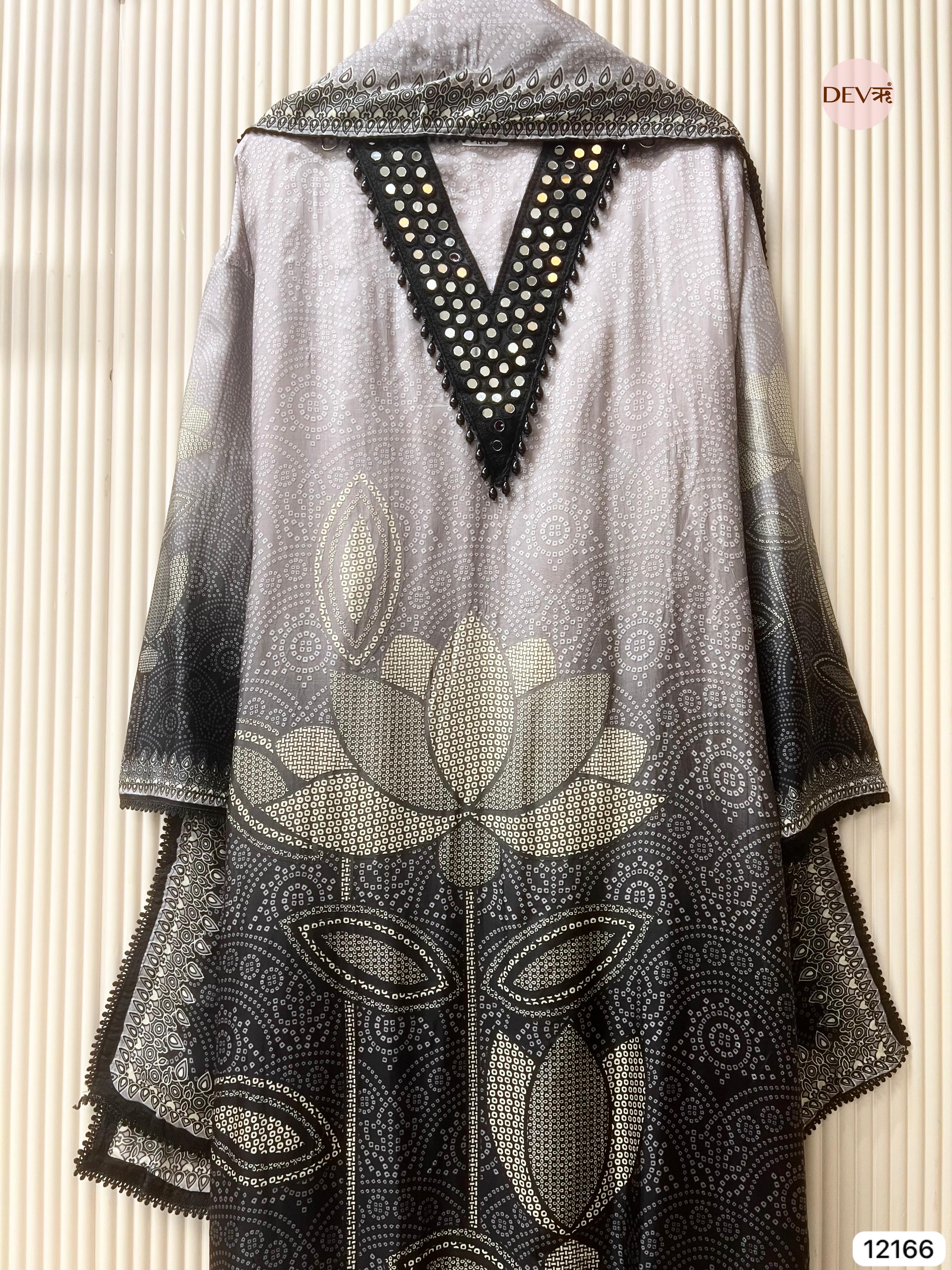 Grey Muslin Semi stitched Bandhani Print -Set Of 3 - {12166}