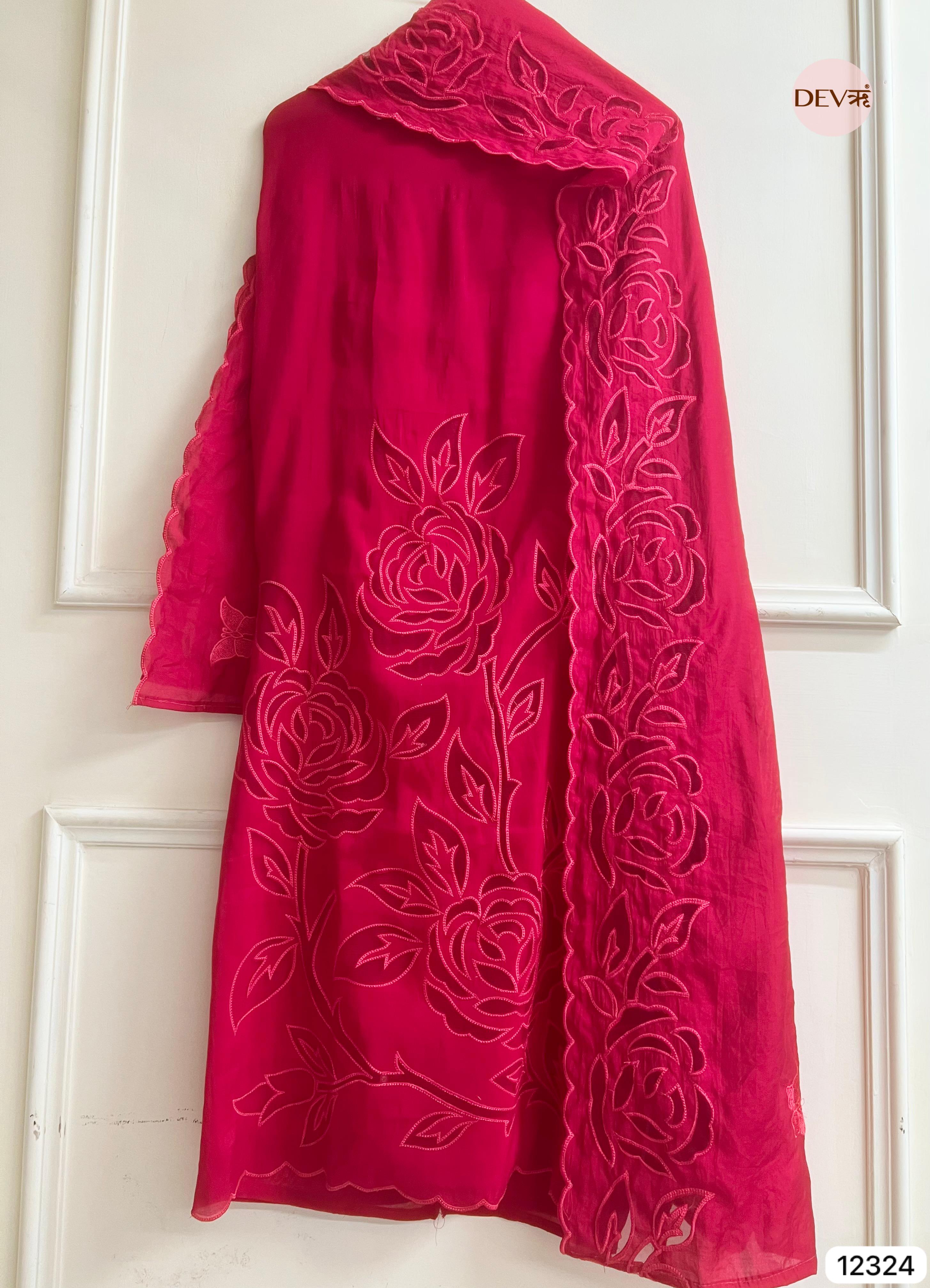 Deep Pink Mul Chanderi Embroidered Unstitched 3-Piece Suit (Devri – D.No 12324)