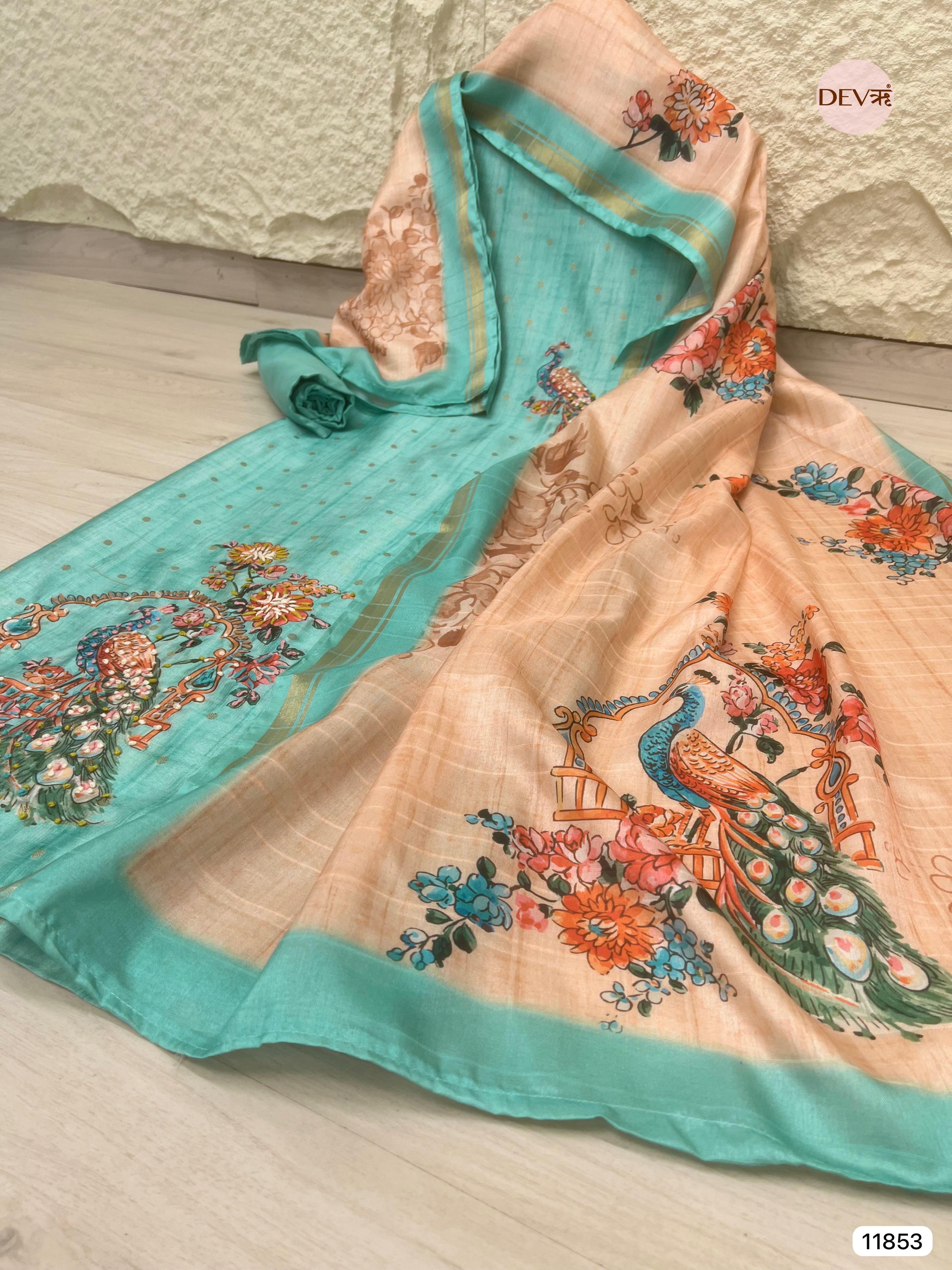 Light Blue Tusser Silk Unstitched Printed Hand Embroidered -Set Of 3- {11853}