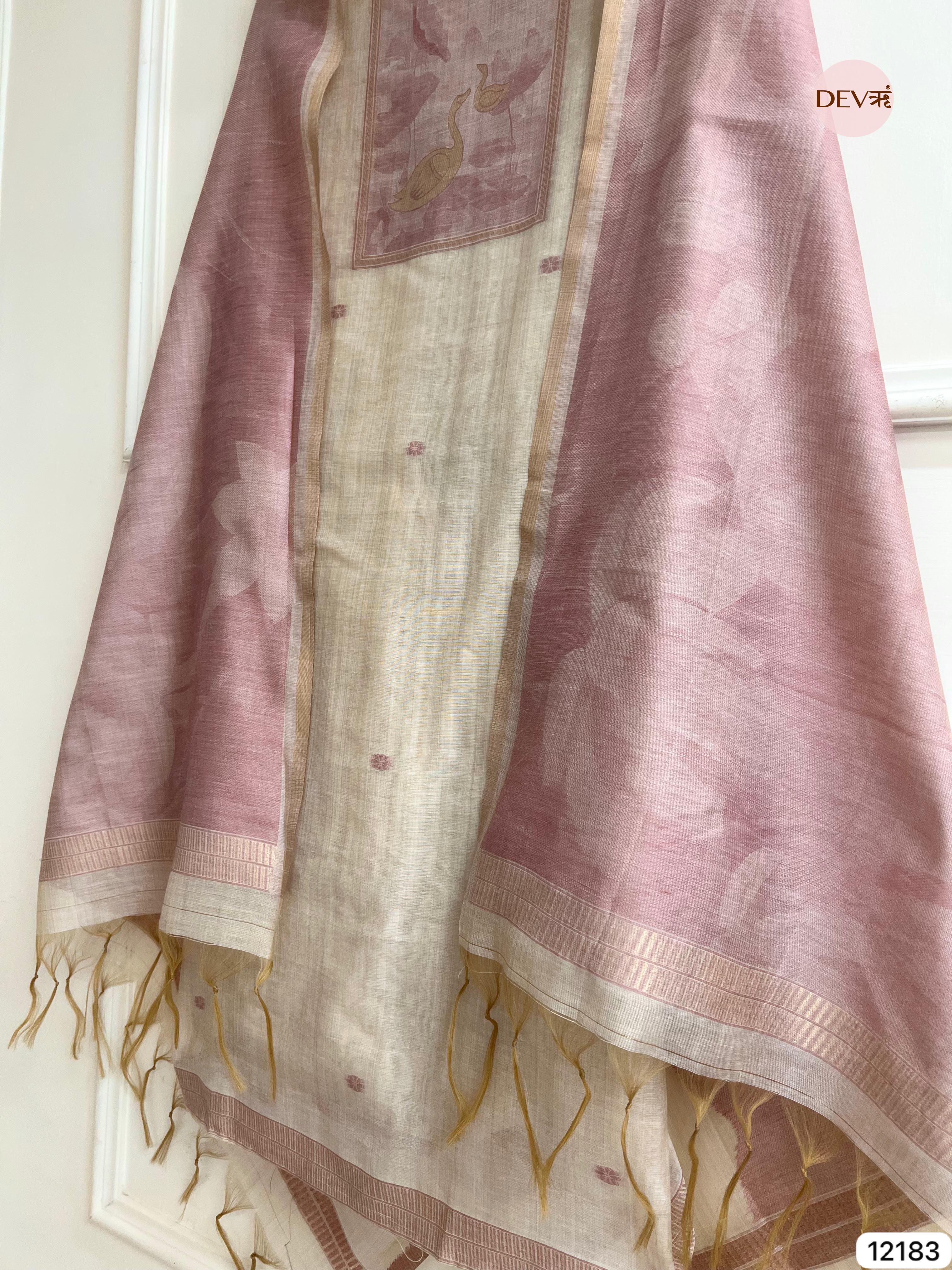 Off White Pure Jamdhani Silk Unstitched Banarasi Woven -Set Of 3 - {12183}