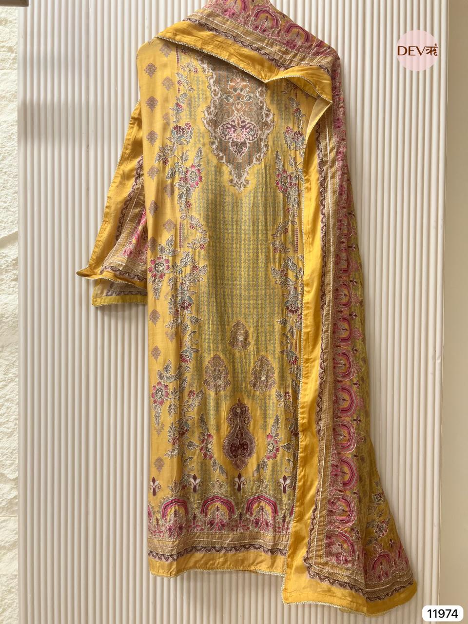 Mustard Gold Pure Muslin Printed Unstitched 3-Piece Suit (Devri – D.No 11974)