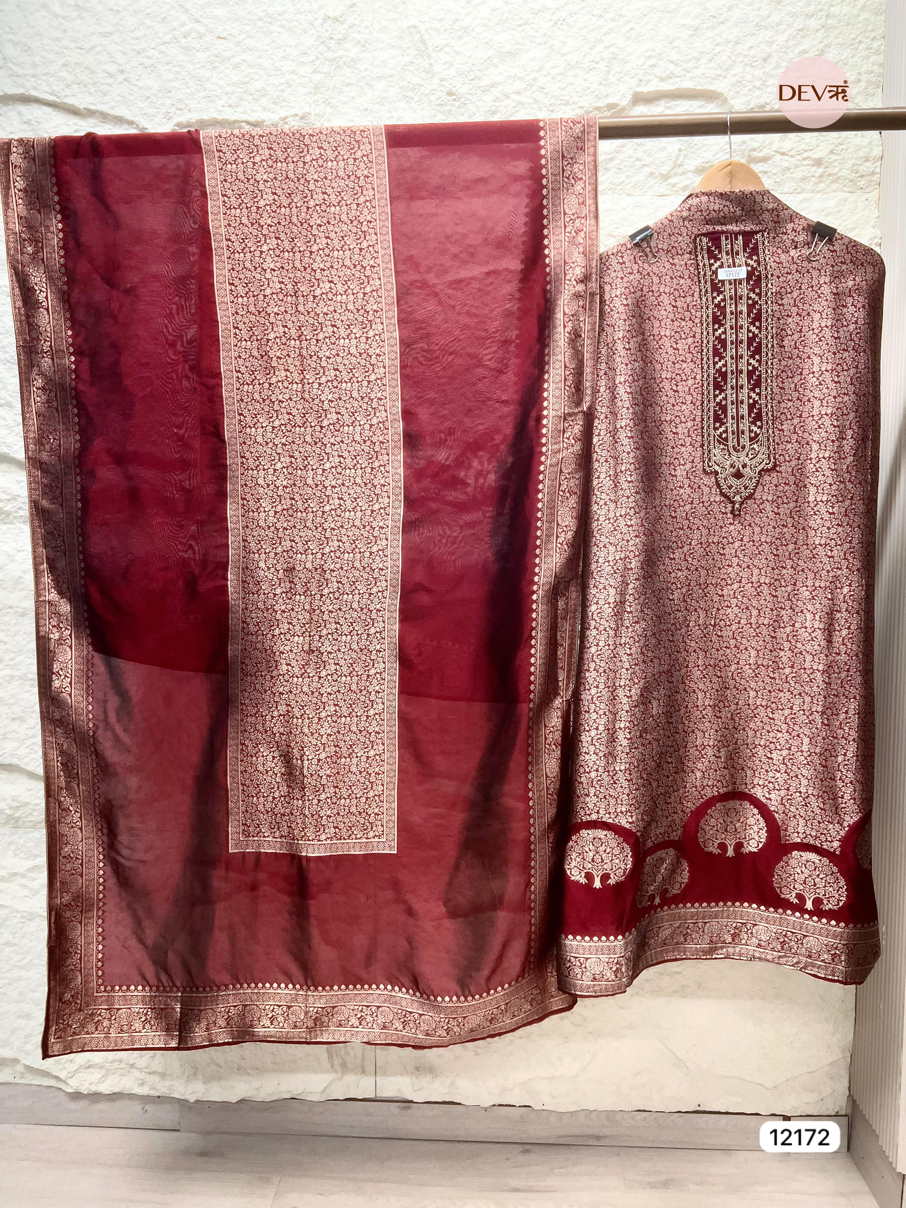 Maroon Pure Banarasi Silk Unstitched Hand Embroidered -Set Of 3 - {12172}