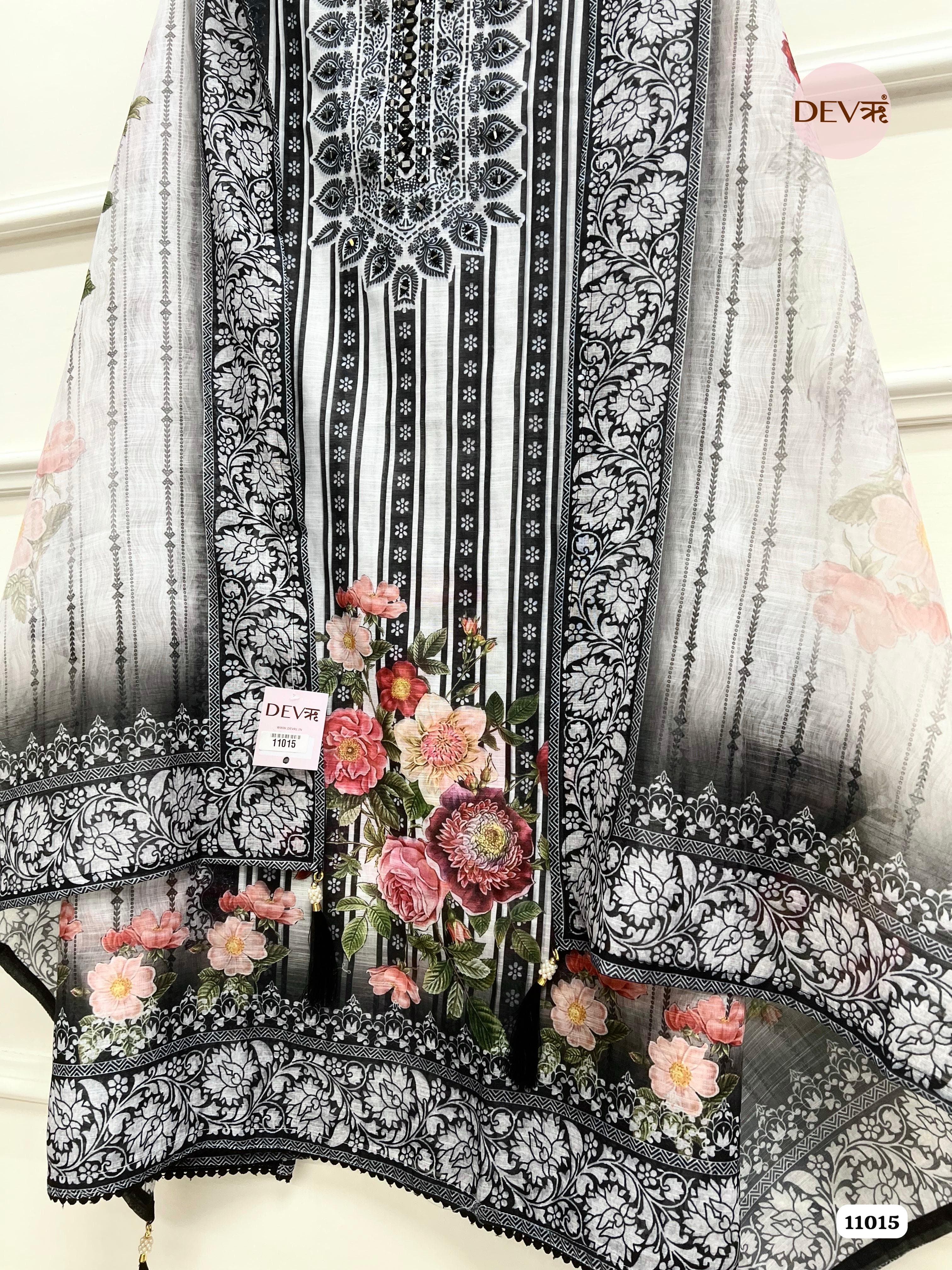 Black Linen Cotton Unstitched Printed Embroidered -Set Of 3 {11015}