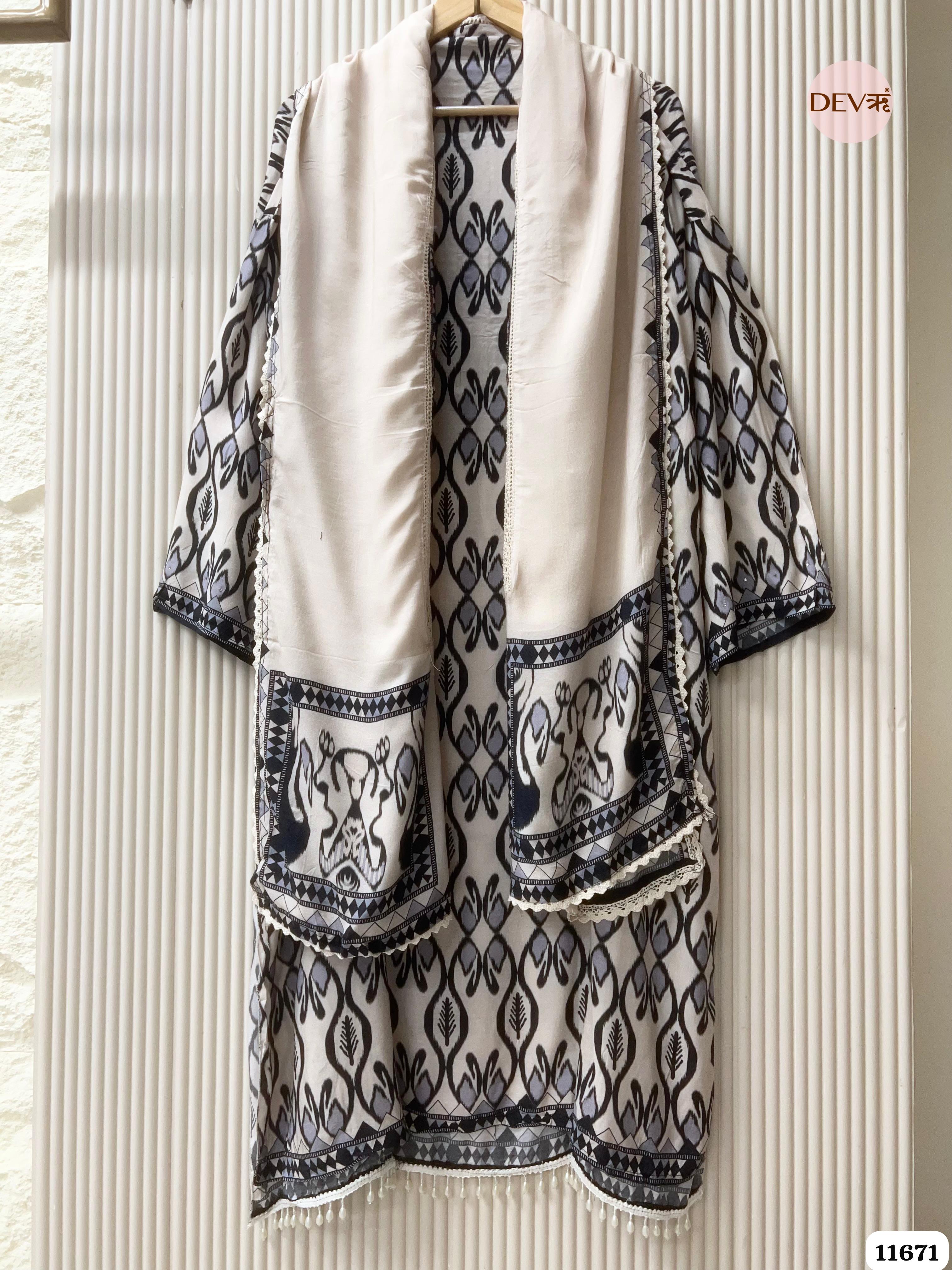 Off White Muslin Printed Semi Stitched Hand Embroidered -Set Of 3 {11671}