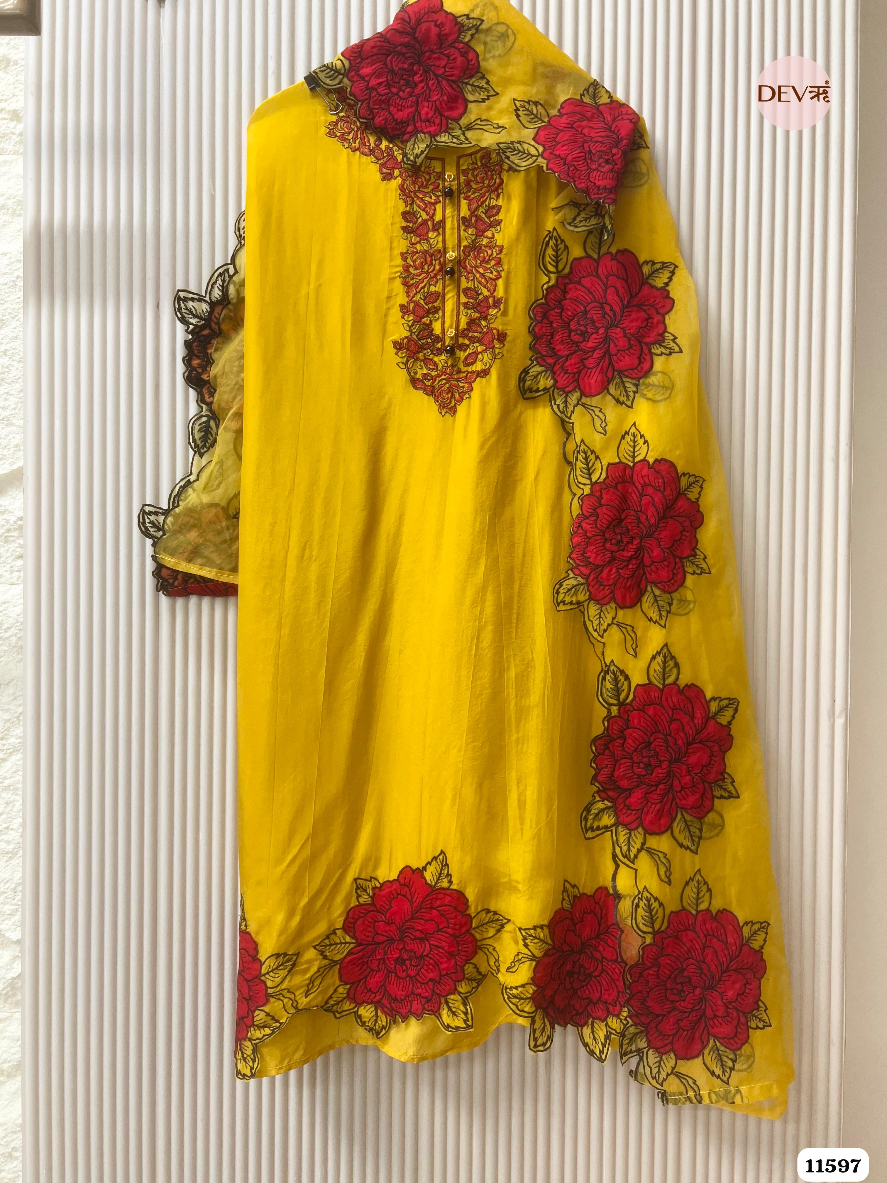 Yellow Organza Unstitched Embroidered -Set Of 3 {11597}