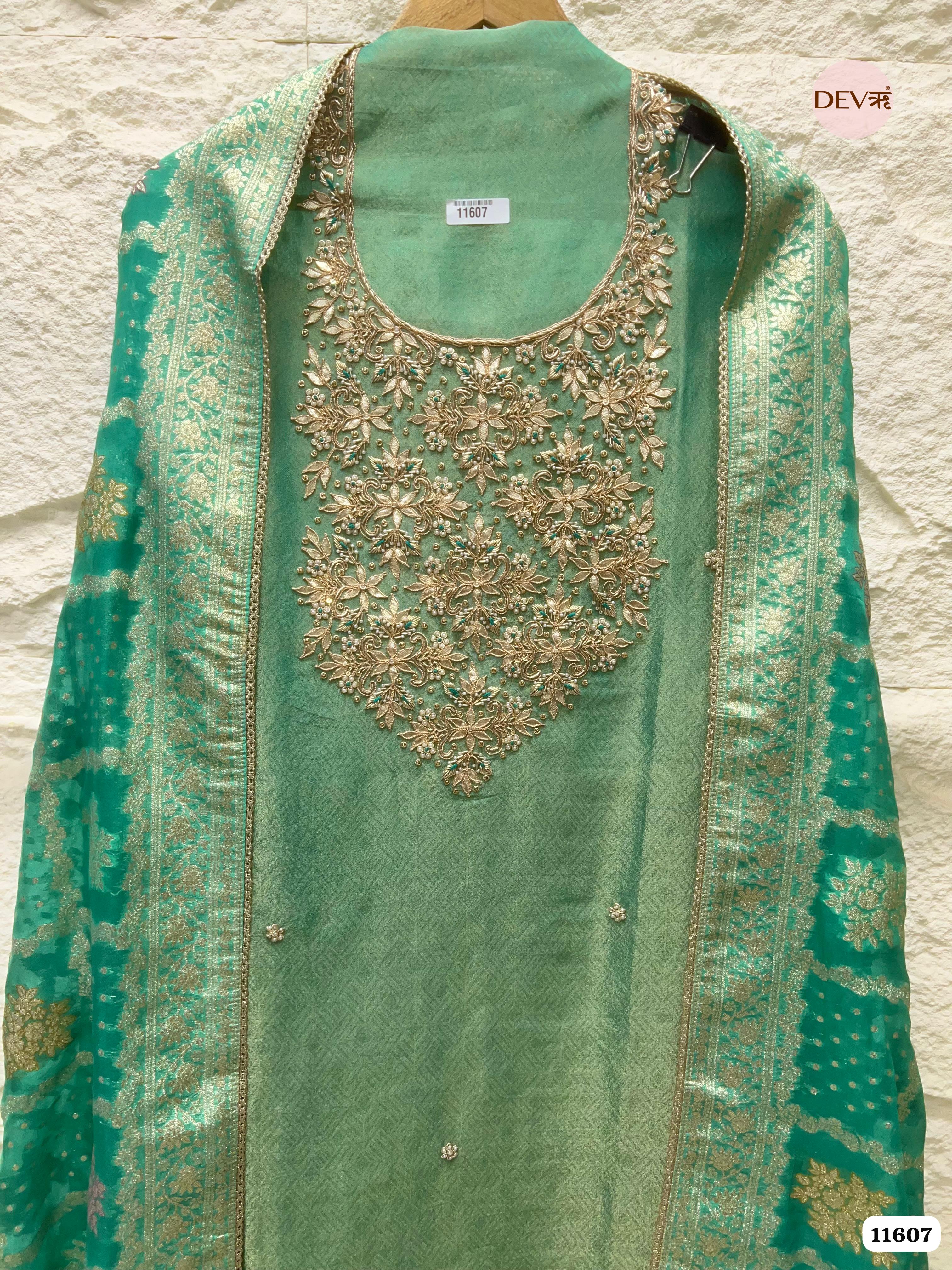 Green Pure Tissue Banarasi Silk Unstitched Hand Embroidered -Set Of 3 {11607}