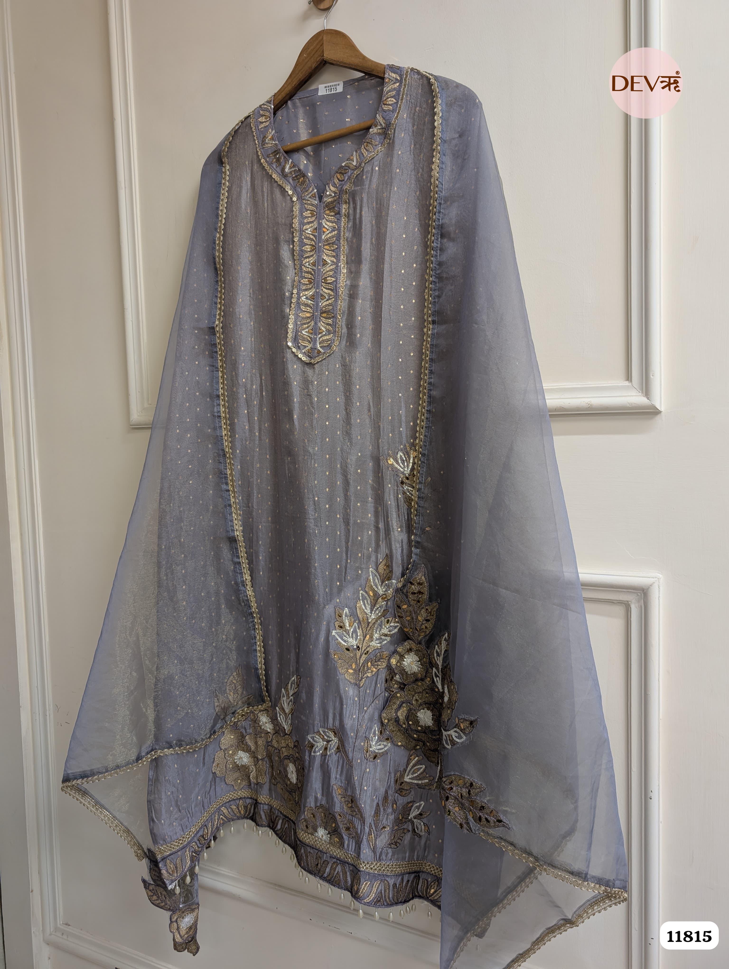 Grey Blue Tissue Silk Woven Unstitched Embroidered -Set Of 3 {11815}