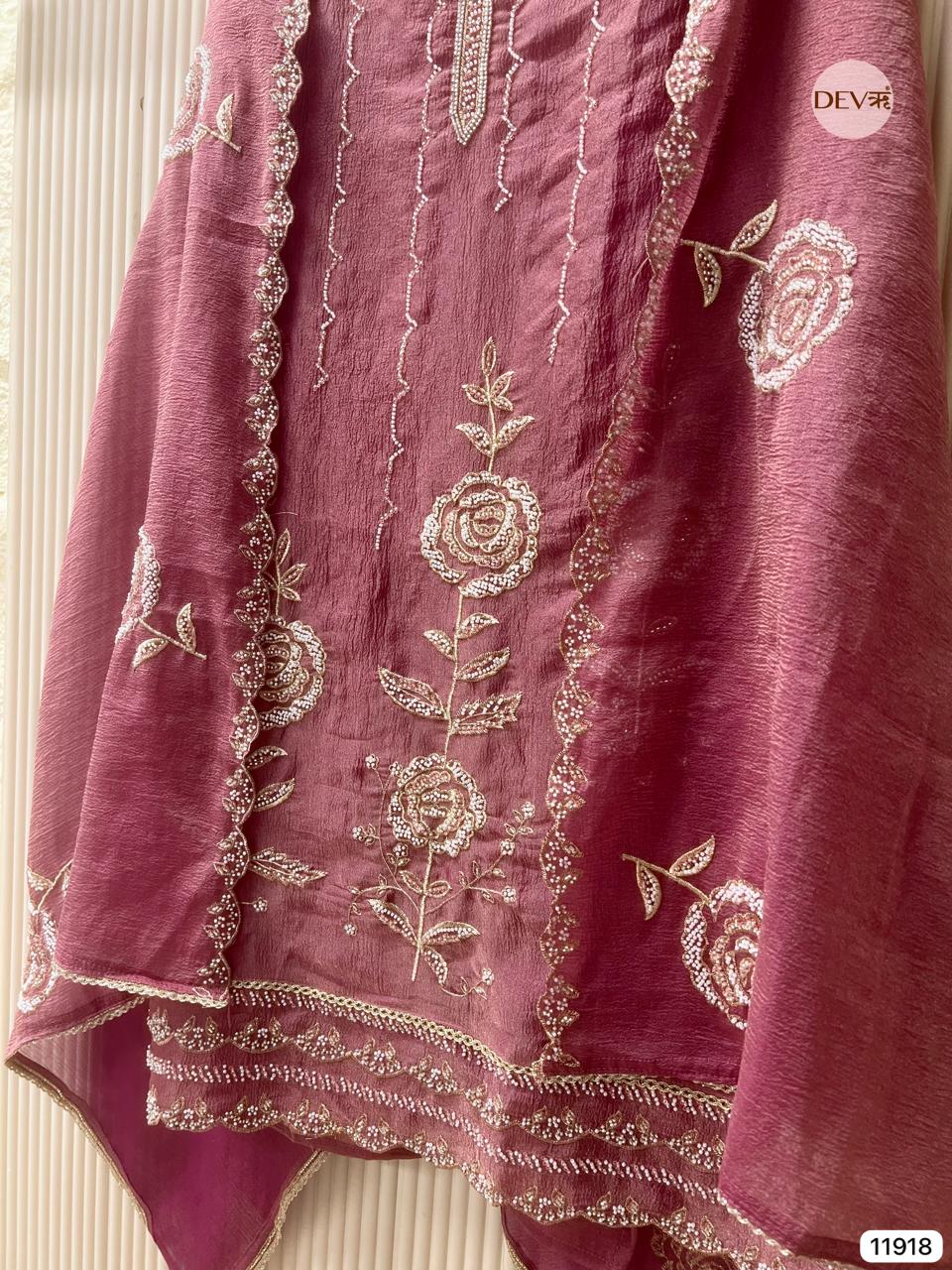 Purple Pure Tissue Crush Unstitched Hand Embroidered -Set Of 3 - {11918}