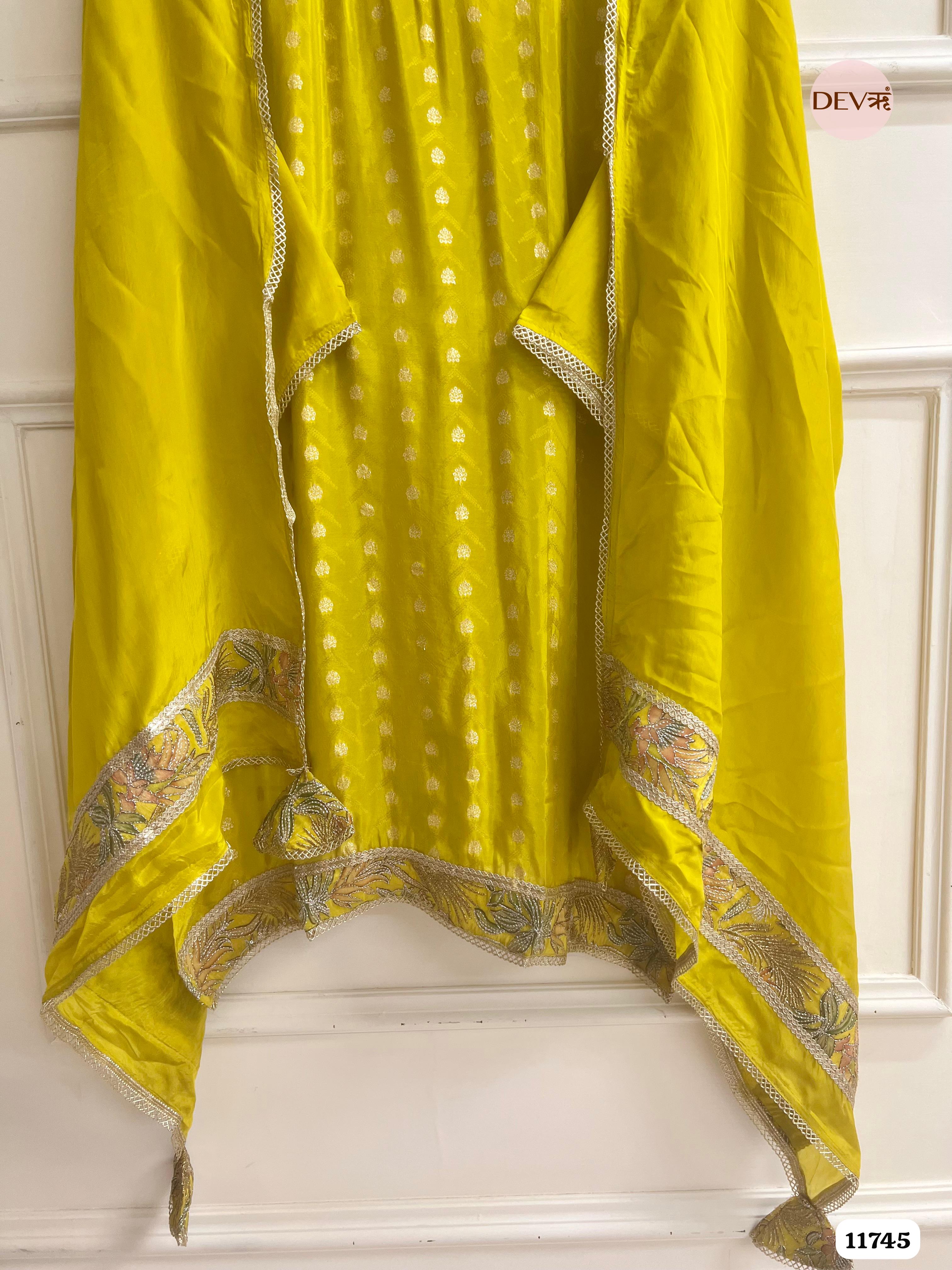 Yellow Tissue Shimmer Silk UnstitchedHand Embroidered -Set Of 3 {11745}