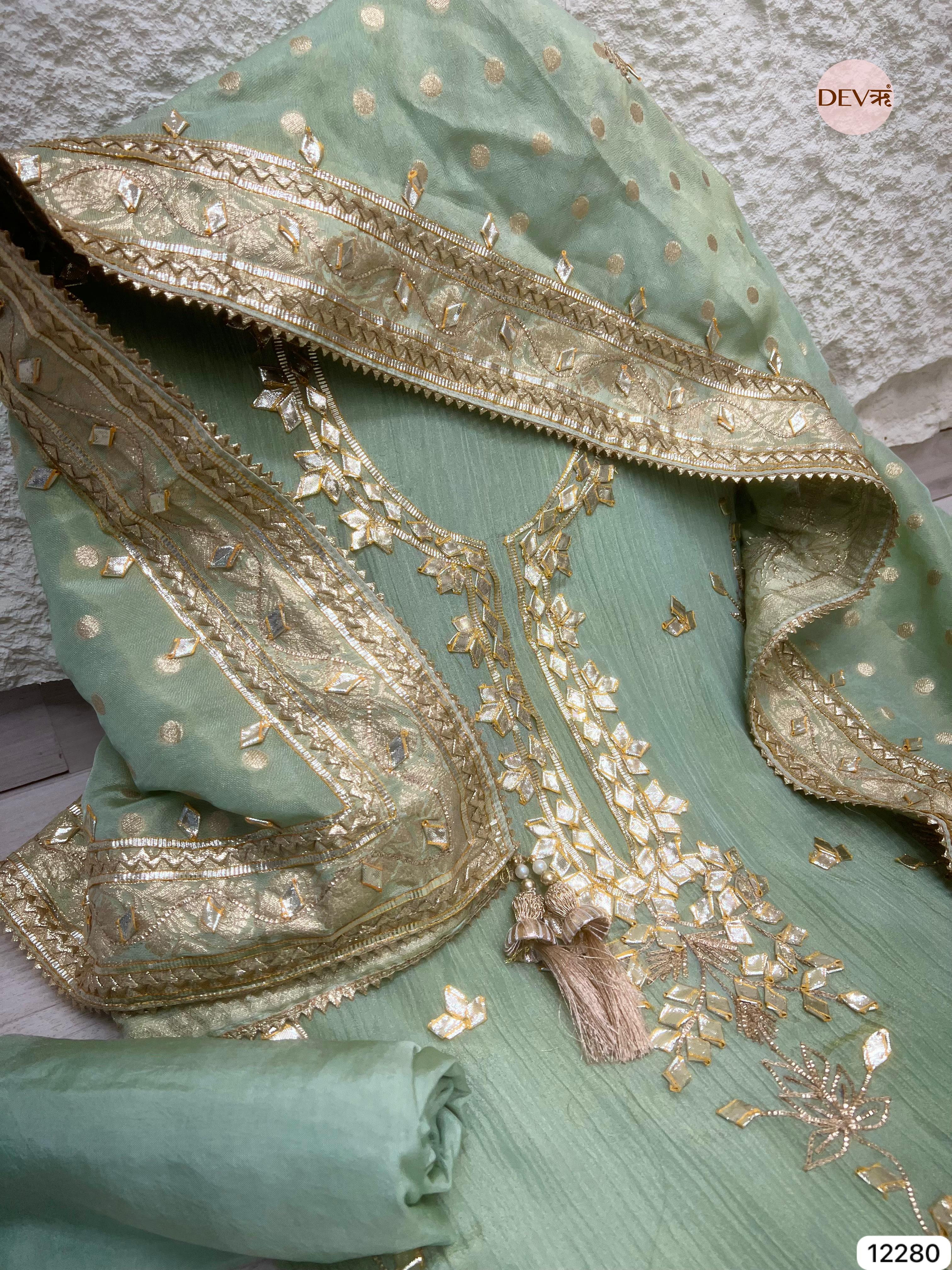 Green Pure Chinon Unstitched Hand Embroidered -Set Of 3 - {12280}