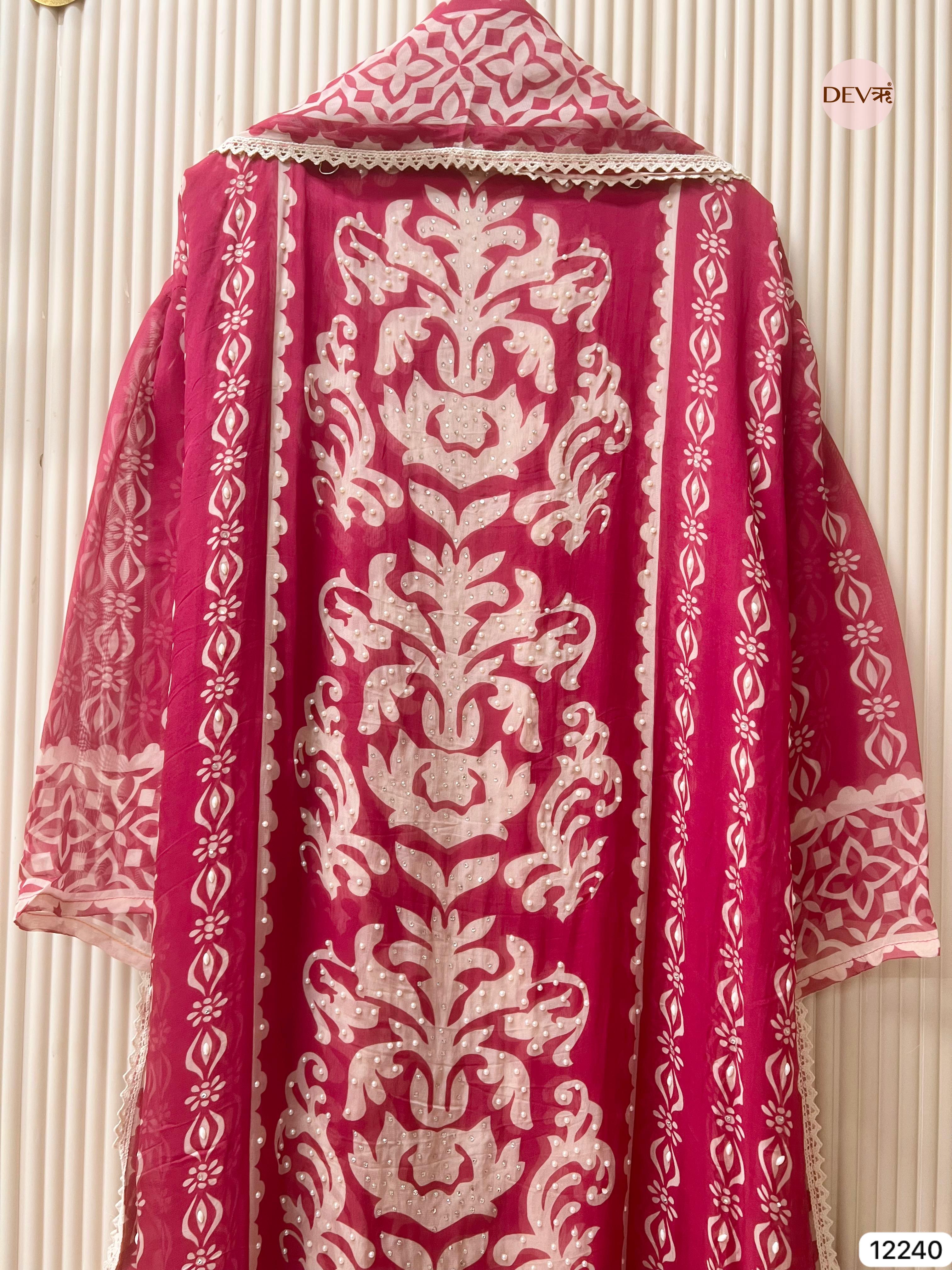 Magenta Pink Organza Embroidered Unstitched 3-Piece Suit (Devri – D.No 12240)